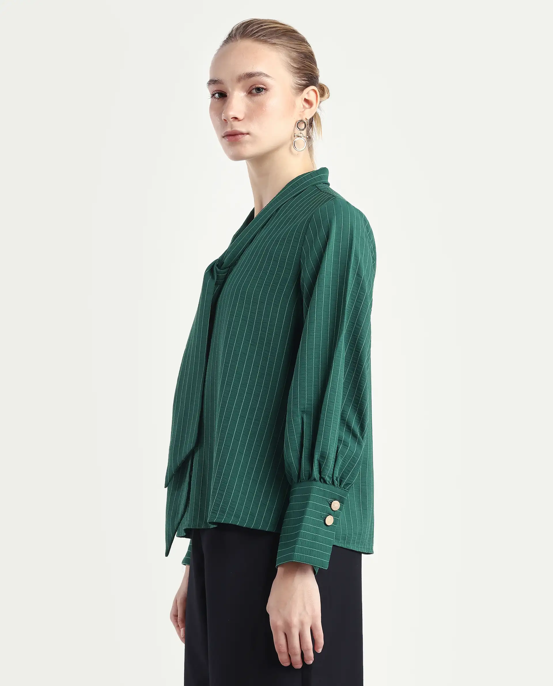 Rareism Women's Eawho Green Polyester Tie-Up Neck Plain Bishop Sleeve Regular Fit Top - Image 5