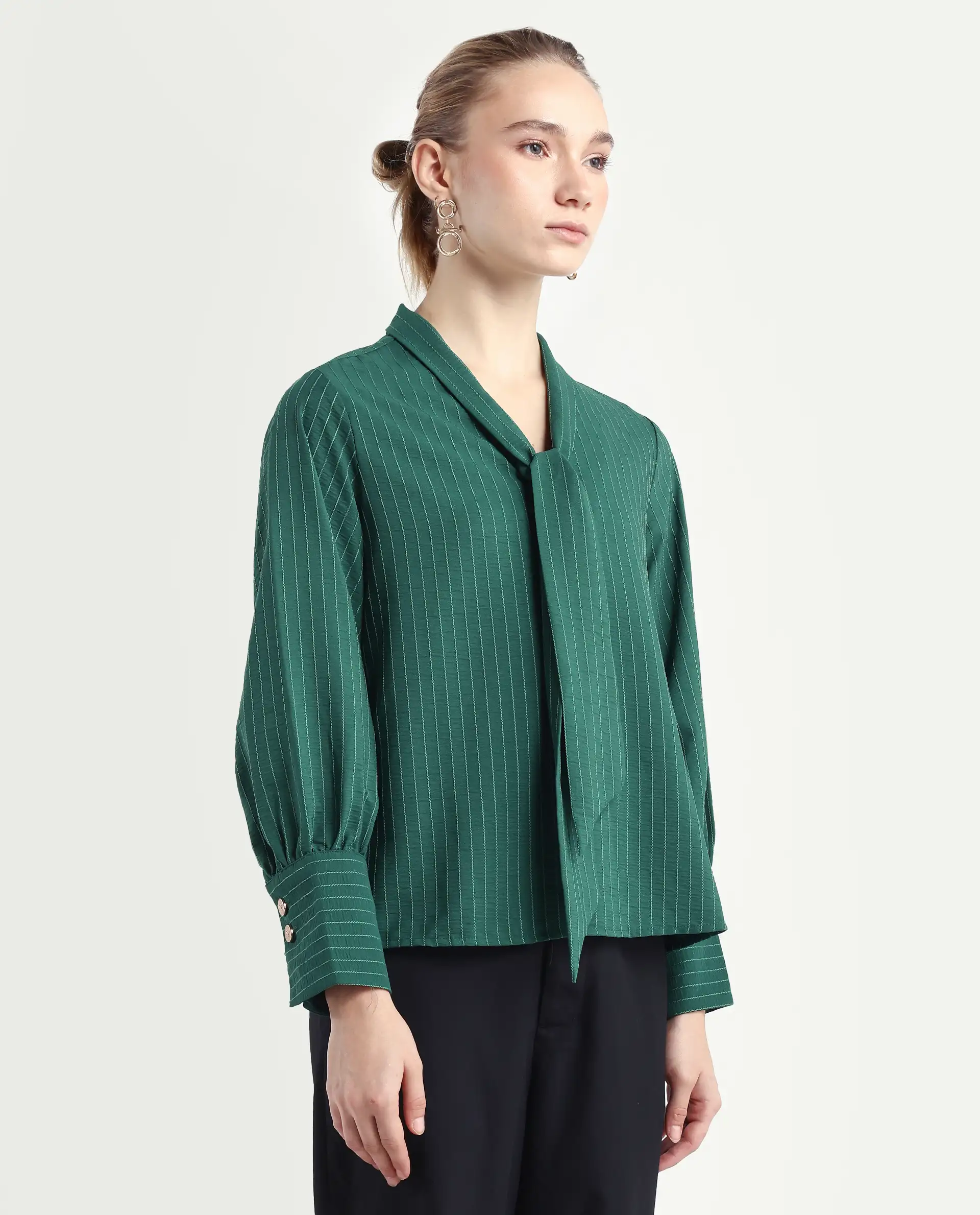Rareism Women's Eawho Green Polyester Tie-Up Neck Plain Bishop Sleeve Regular Fit Top - Image 6