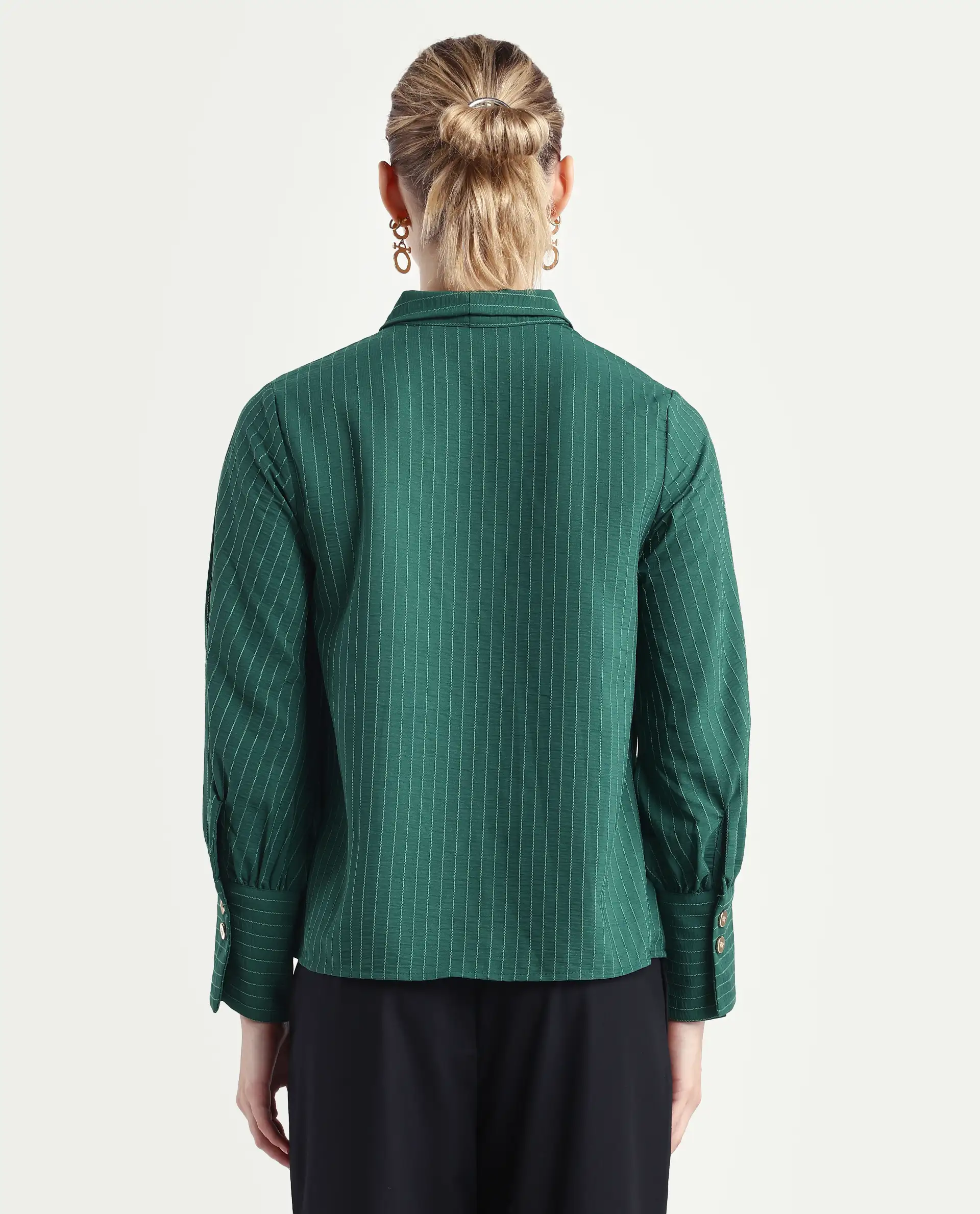 Rareism Women's Eawho Green Polyester Tie-Up Neck Plain Bishop Sleeve Regular Fit Top - Image 7