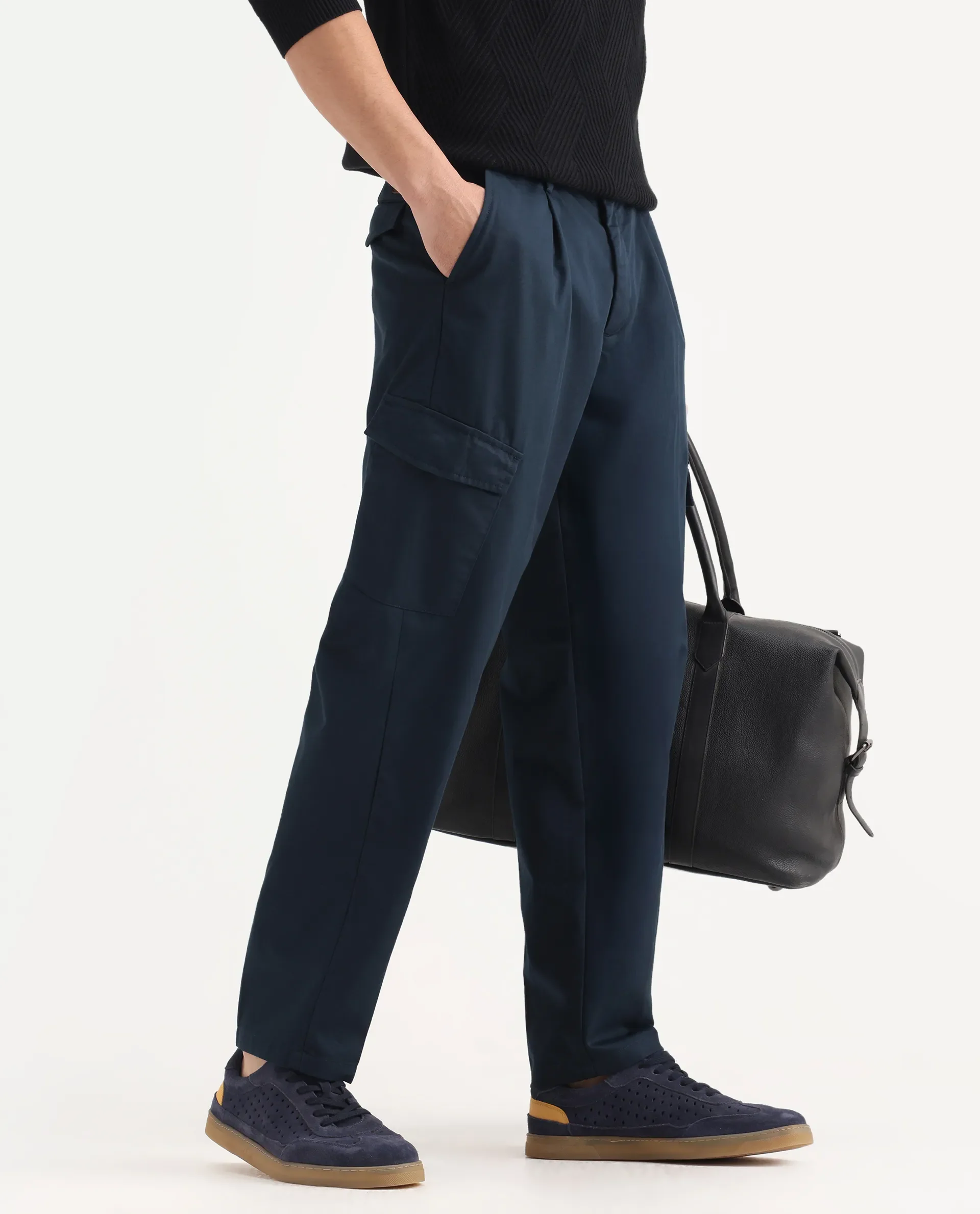 Rare Rabbit Men's Eber Navy Cotton Plain Regular Fit Trouser - Image 2