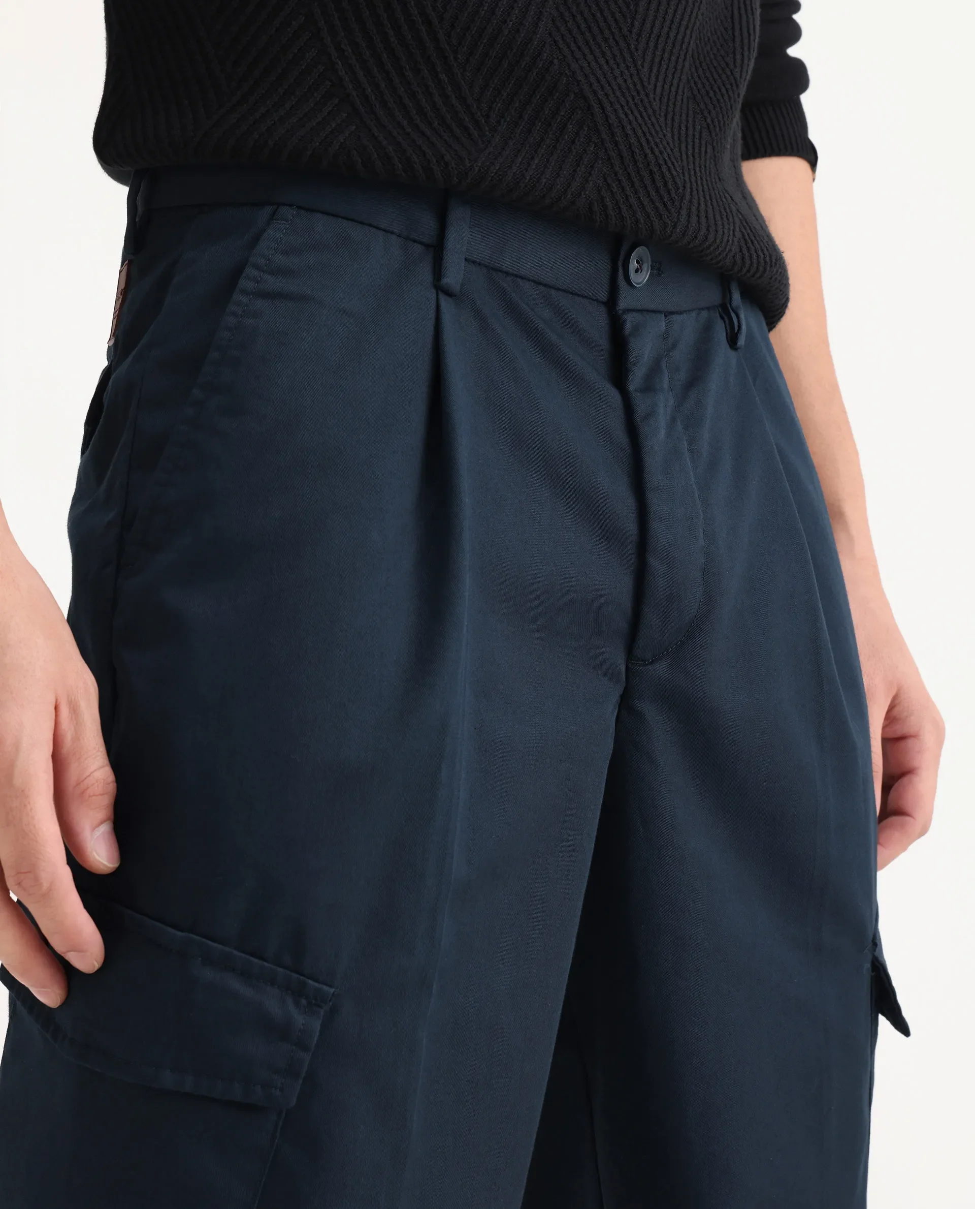 Rare Rabbit Men's Eber Navy Cotton Plain Regular Fit Trouser - Image 3