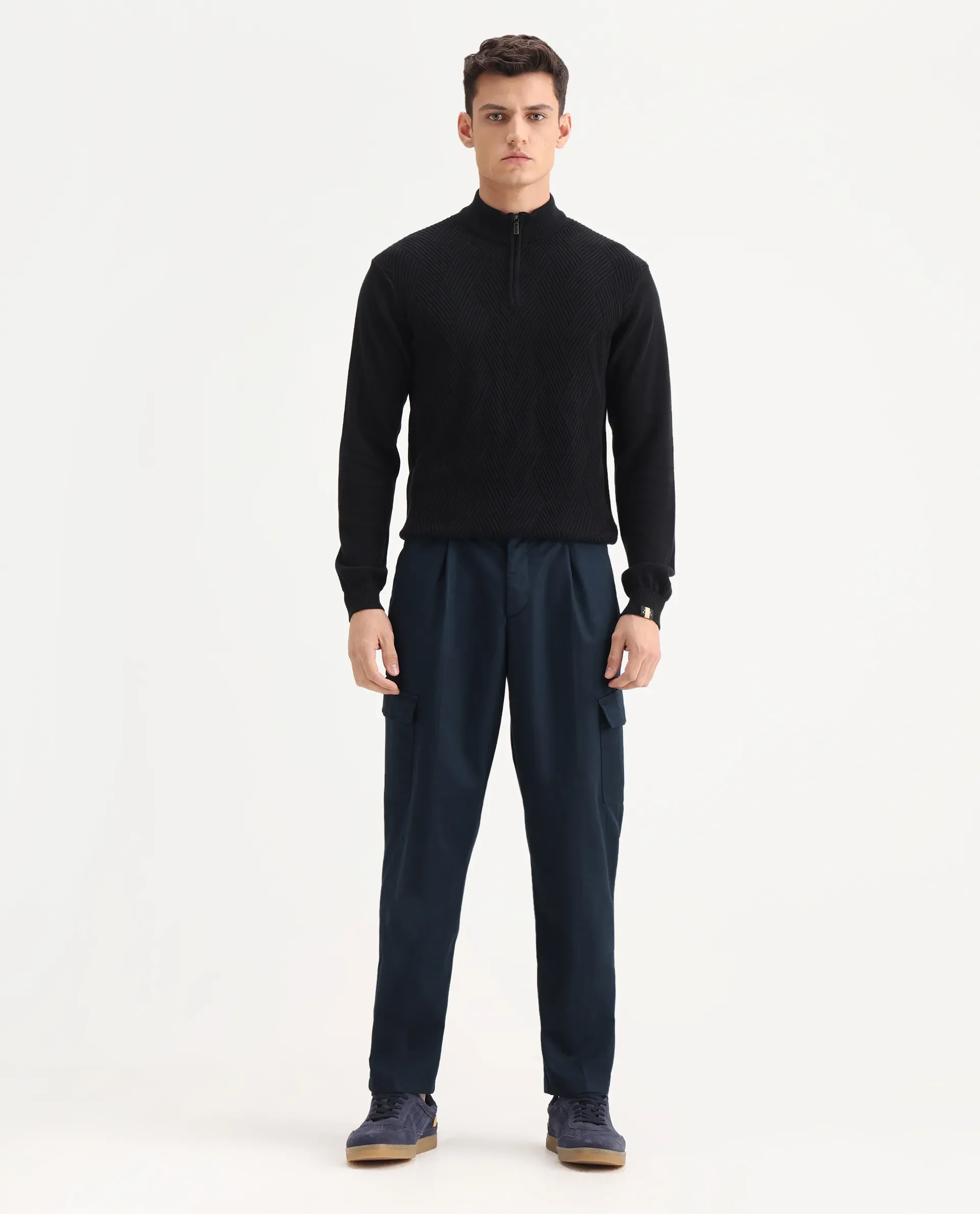 Rare Rabbit Men's Eber Navy Cotton Plain Regular Fit Trouser - Image 4
