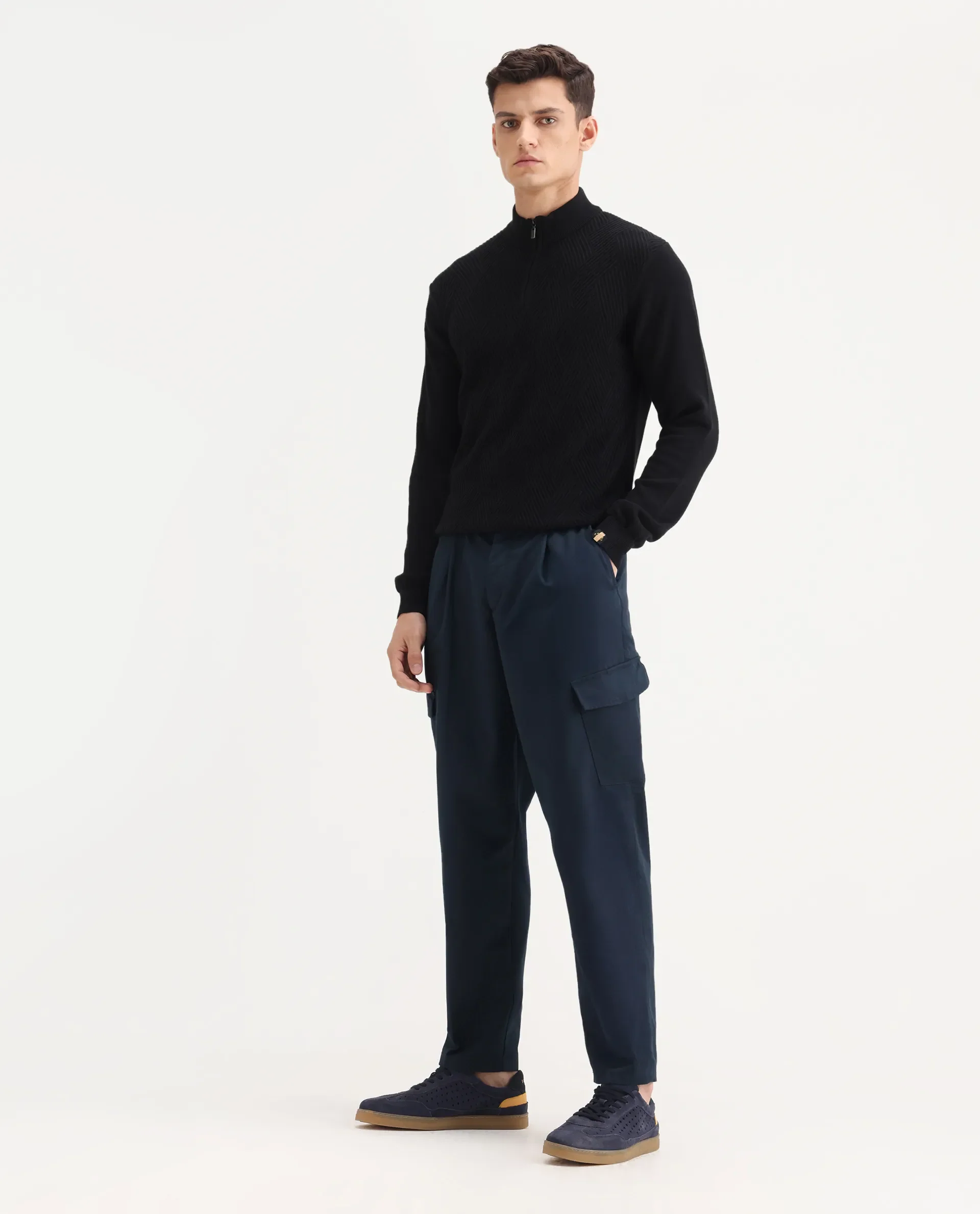 Rare Rabbit Men's Eber Navy Cotton Plain Regular Fit Trouser - Image 5