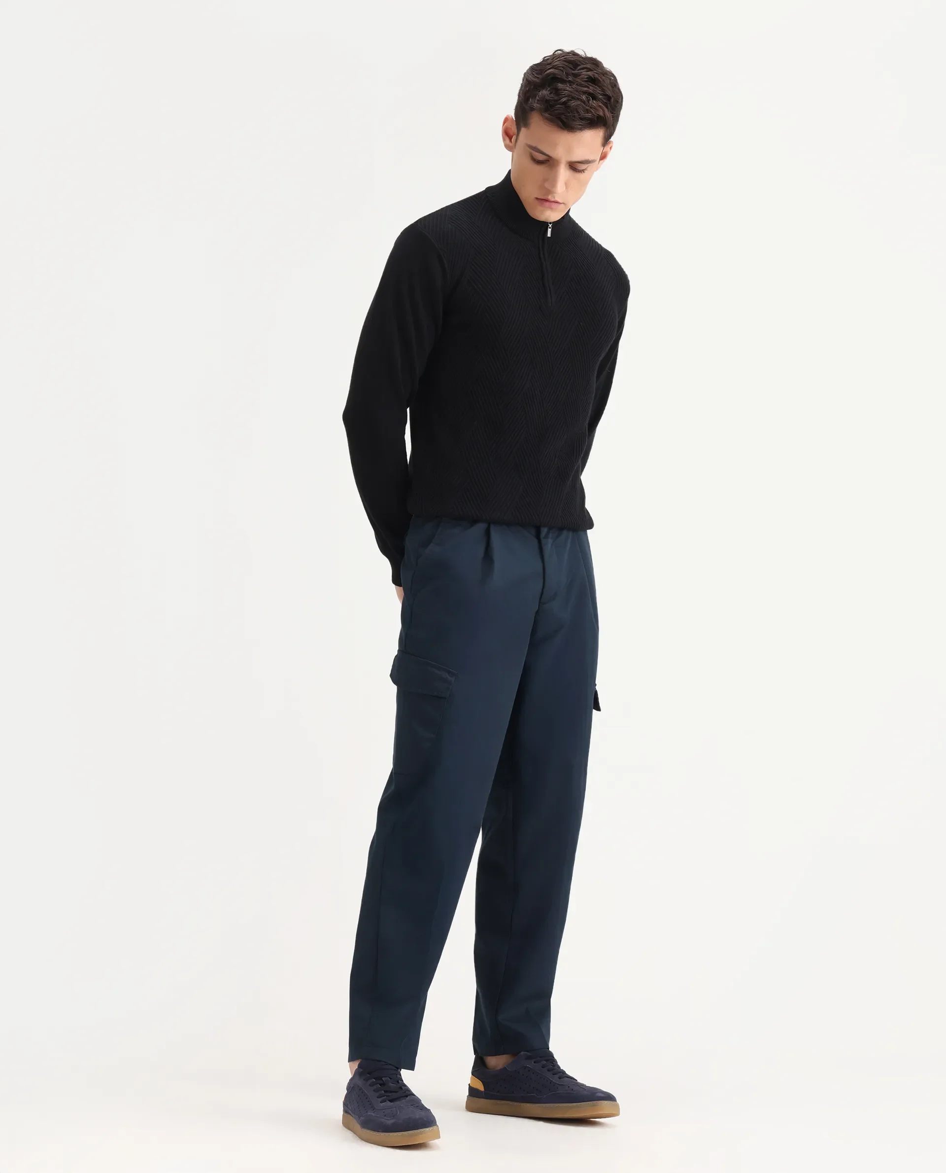 Rare Rabbit Men's Eber Navy Cotton Plain Regular Fit Trouser - Image 6
