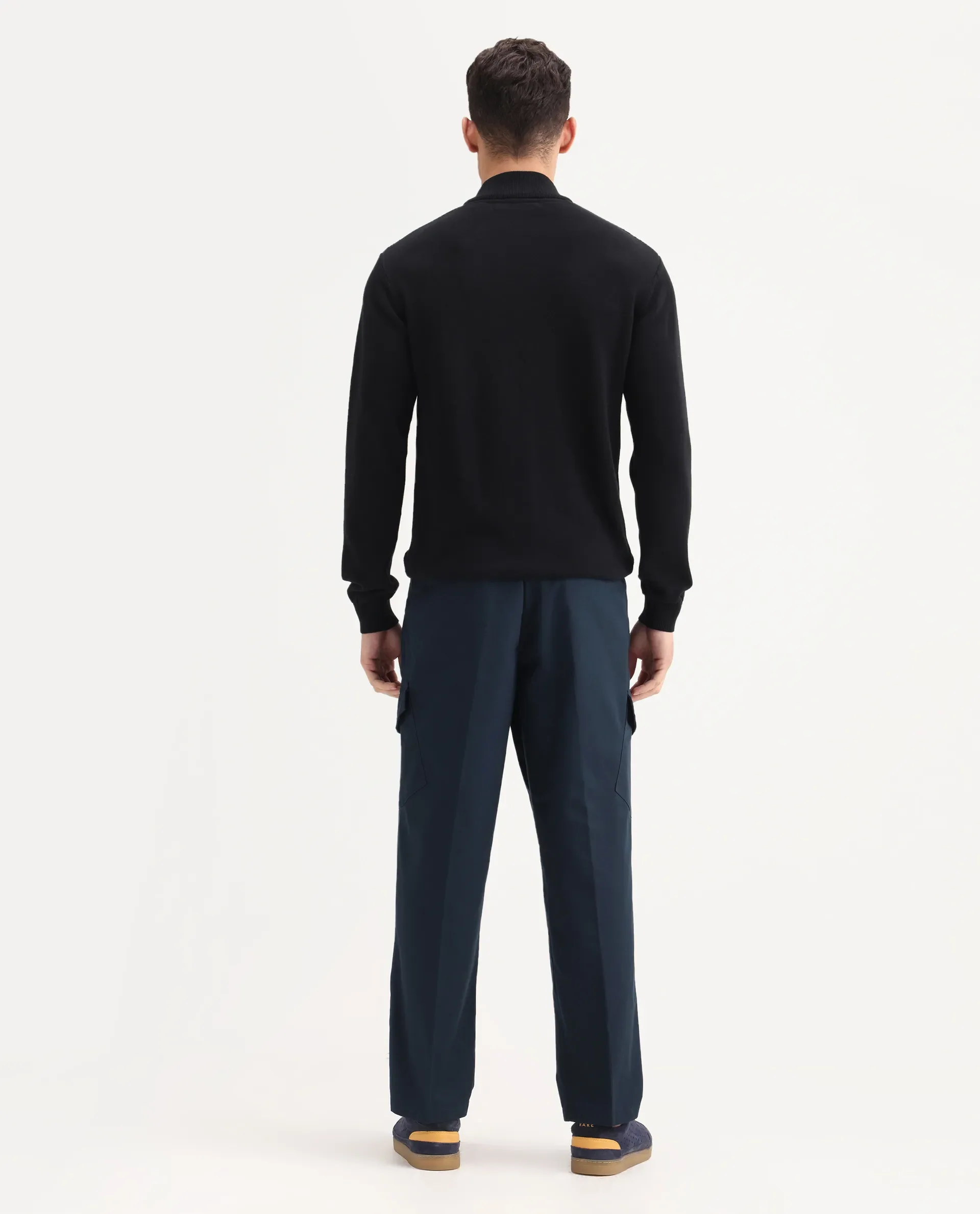 Rare Rabbit Men's Eber Navy Cotton Plain Regular Fit Trouser - Image 8