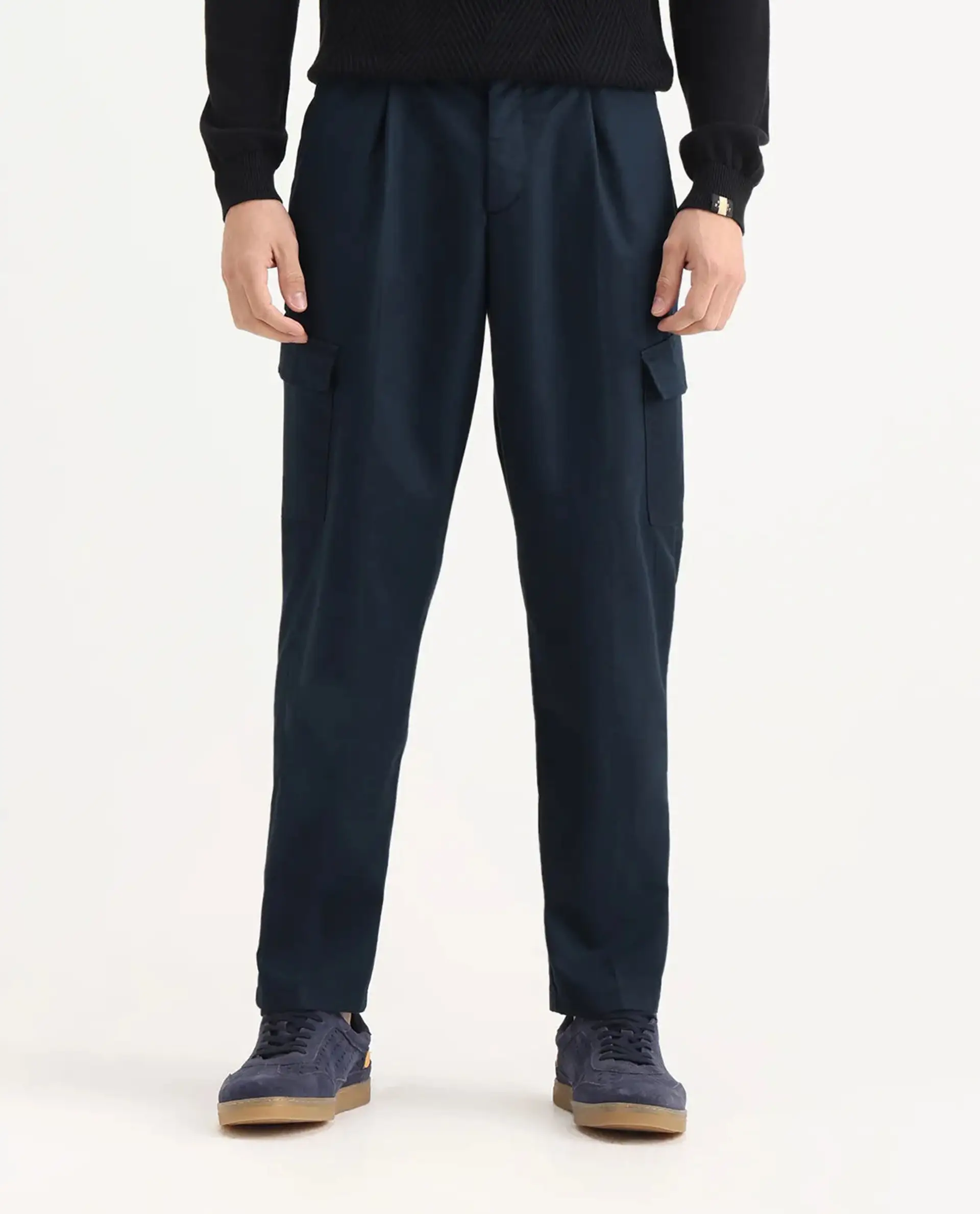 Rare Rabbit Men's Eber Navy Cotton Plain Regular Fit Trouser - Image 9