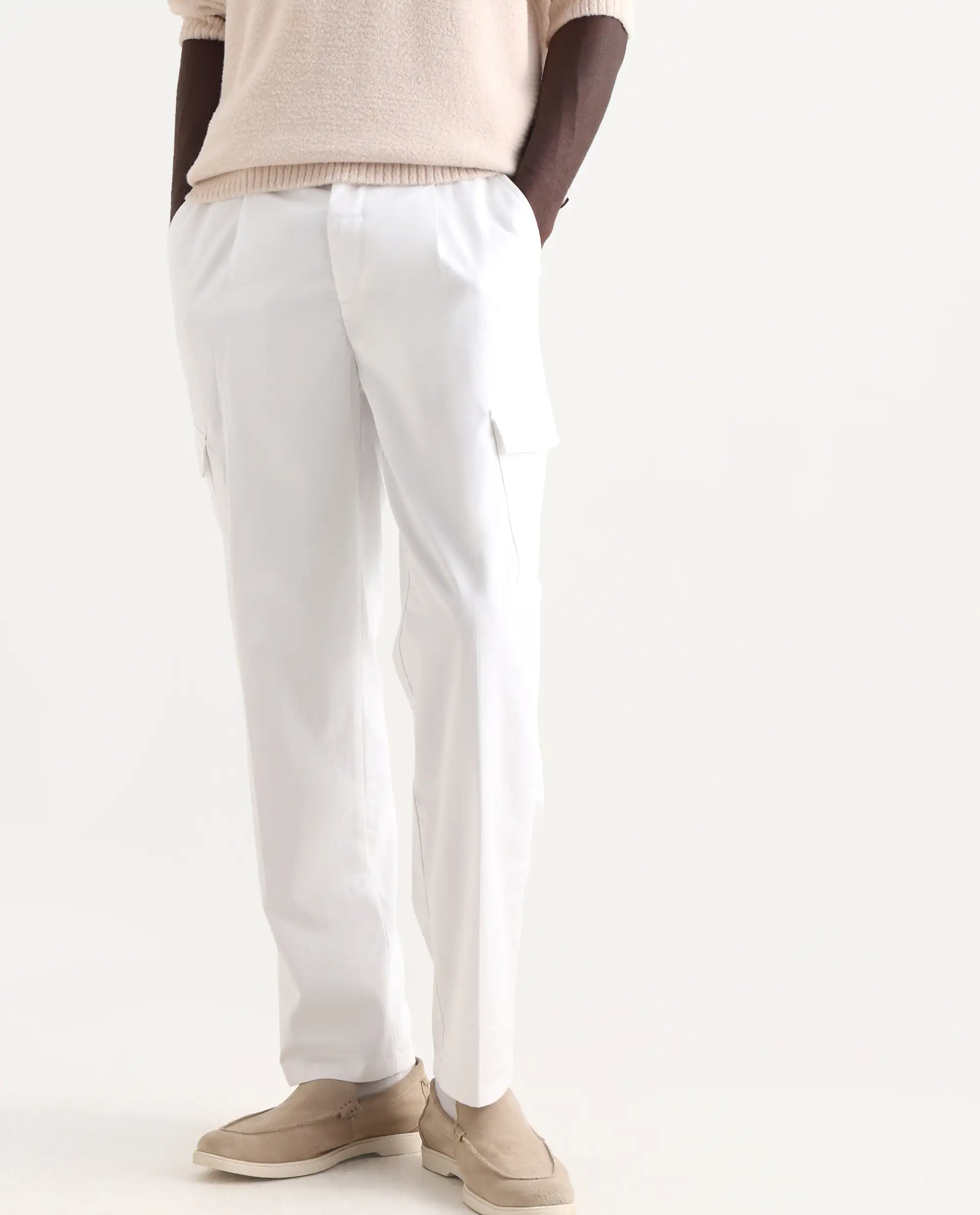 Rare Rabbit Men's Eber White Cotton Plain Regular Fit Trouser - Image 2