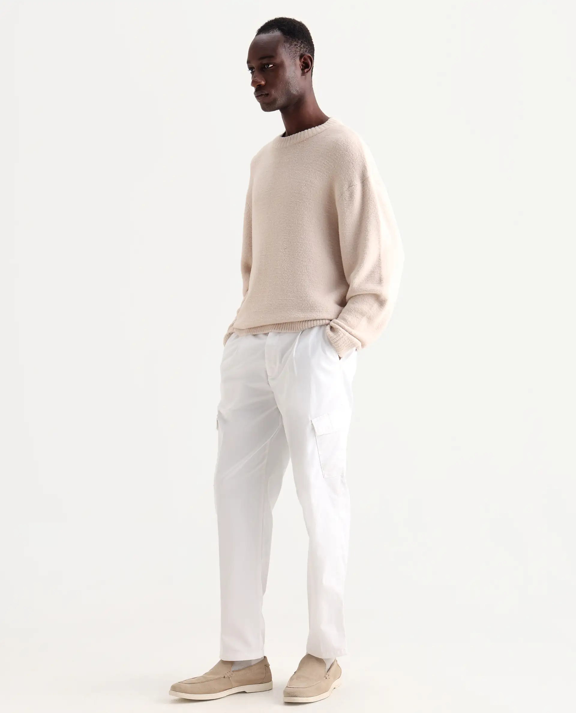 Rare Rabbit Men's Eber White Cotton Plain Regular Fit Trouser - Image 5