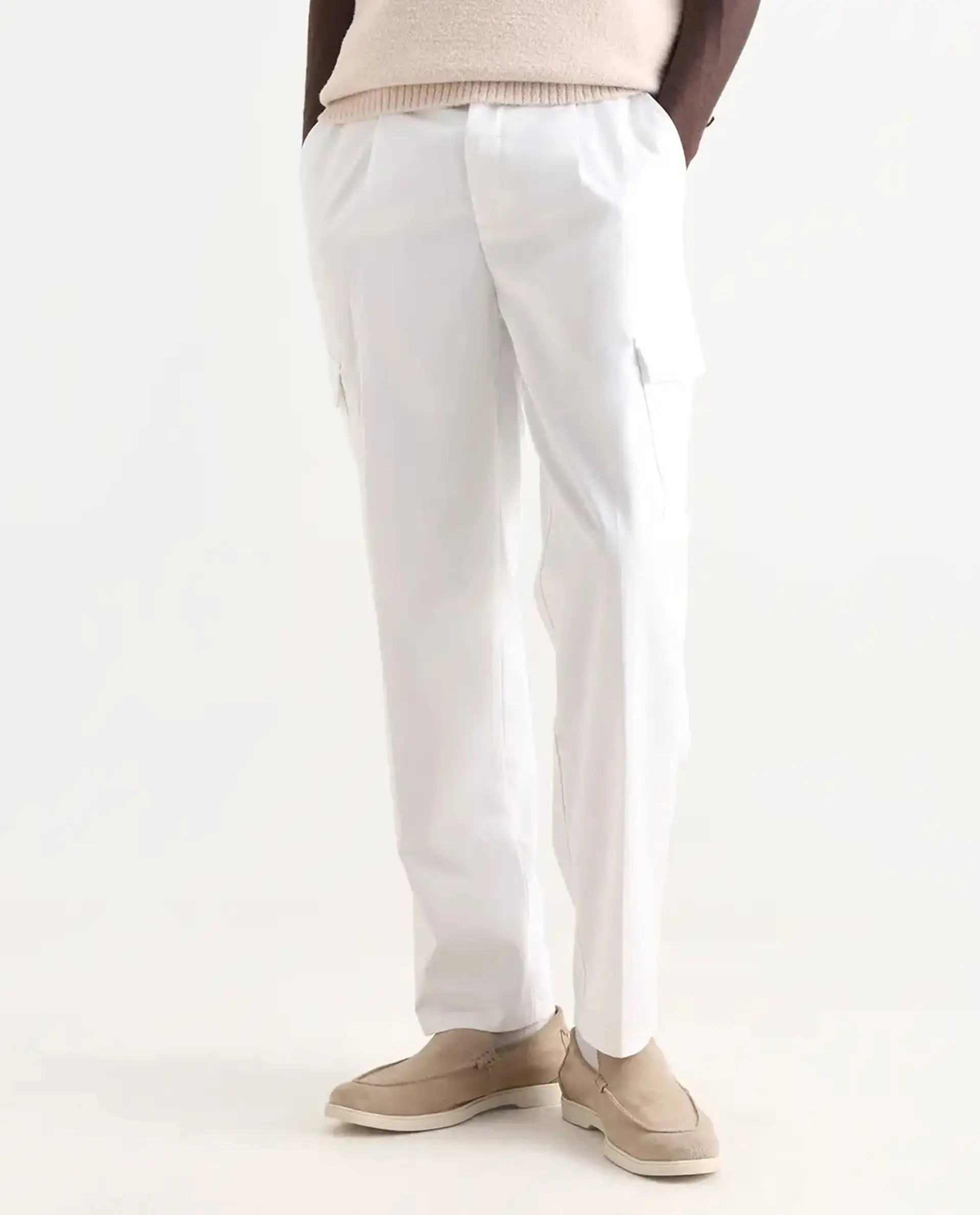 Rare Rabbit Men's Eber White Cotton Plain Regular Fit Trouser - Image 8