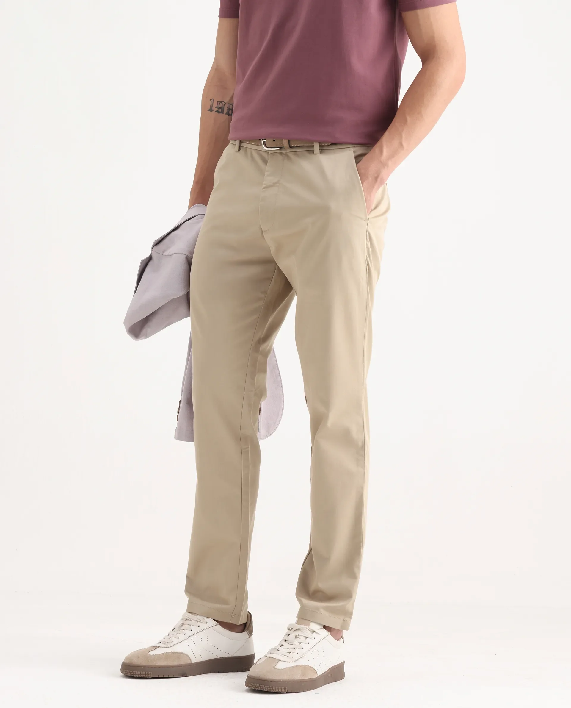 Rare Rabbit Men's Ebert Beige Cotton Plain Regular Fit Trouser - Image 2