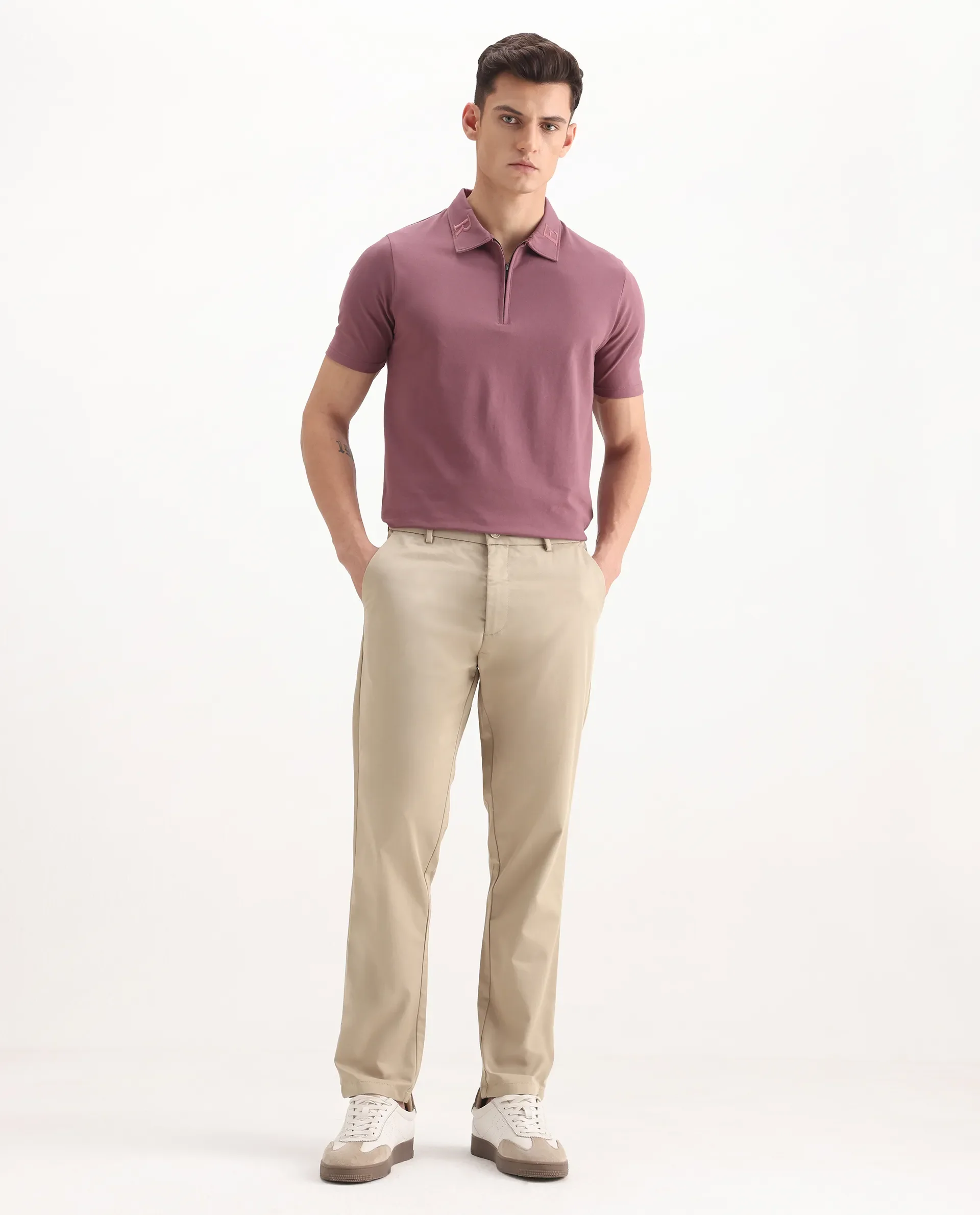 Rare Rabbit Men's Ebert Beige Cotton Plain Regular Fit Trouser - Image 4