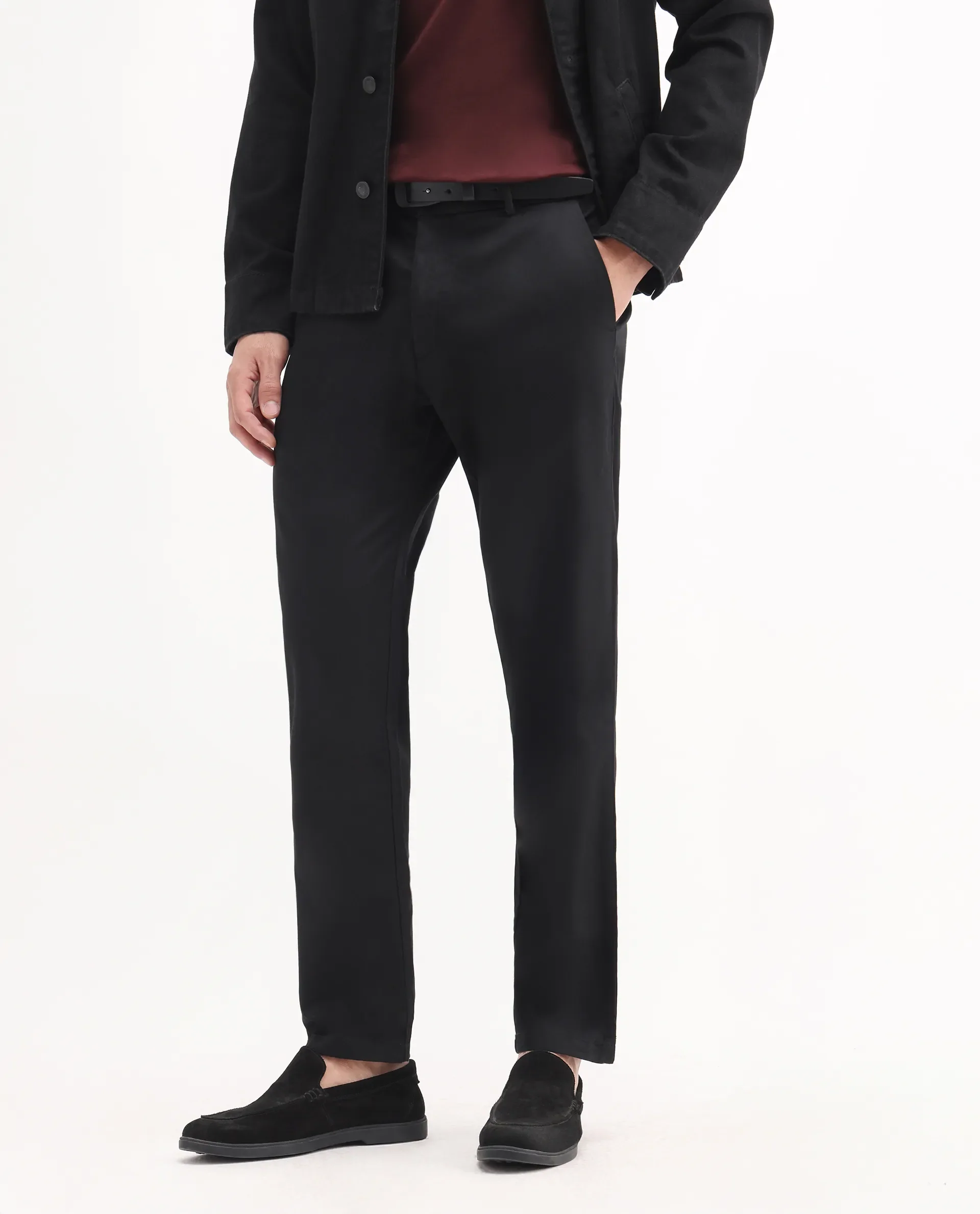 Rare Rabbit Men's Ebert Black Cotton Plain Regular Fit Trouser - Image 3