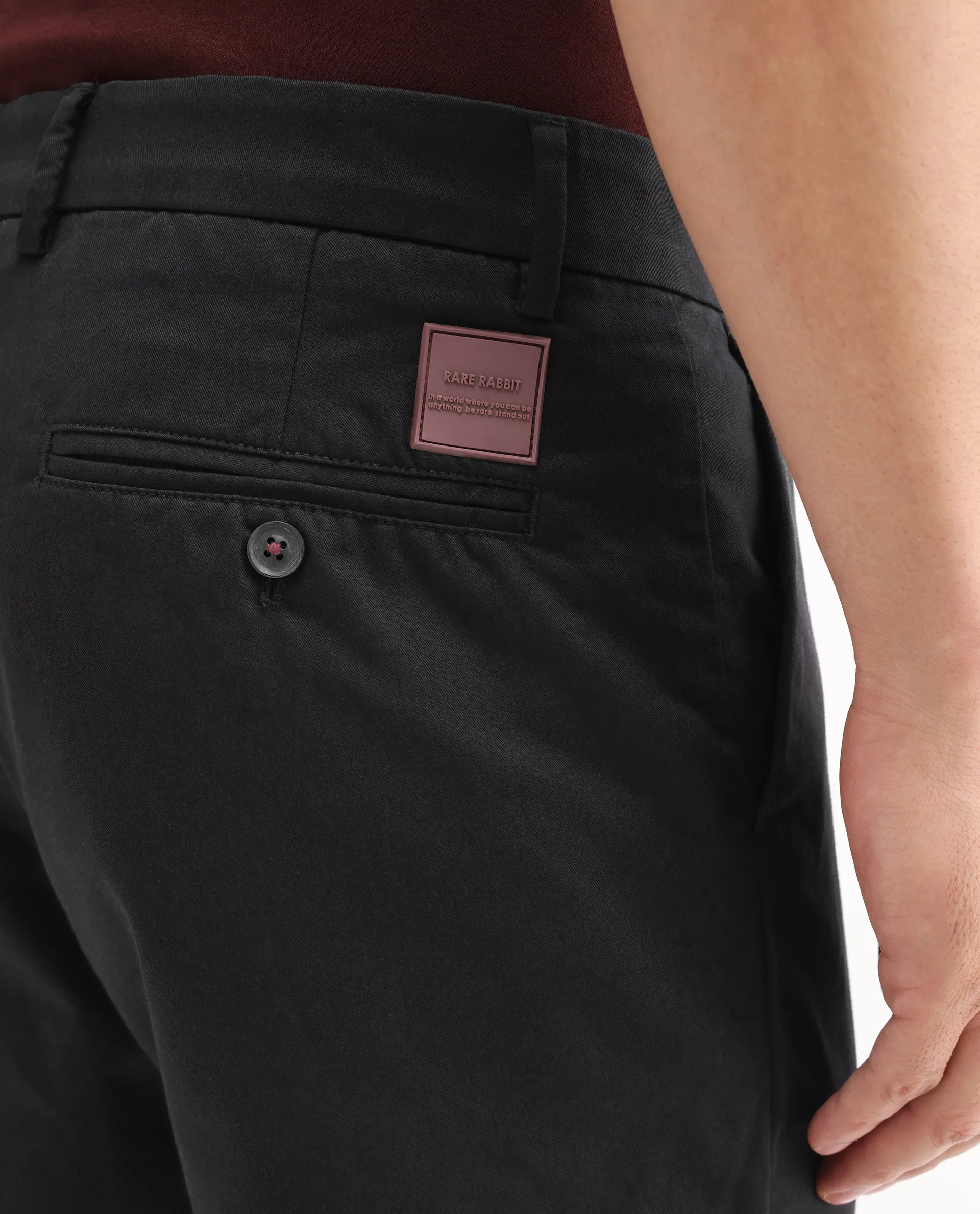 Rare Rabbit Men's Ebert Black Cotton Plain Regular Fit Trouser - Image 5