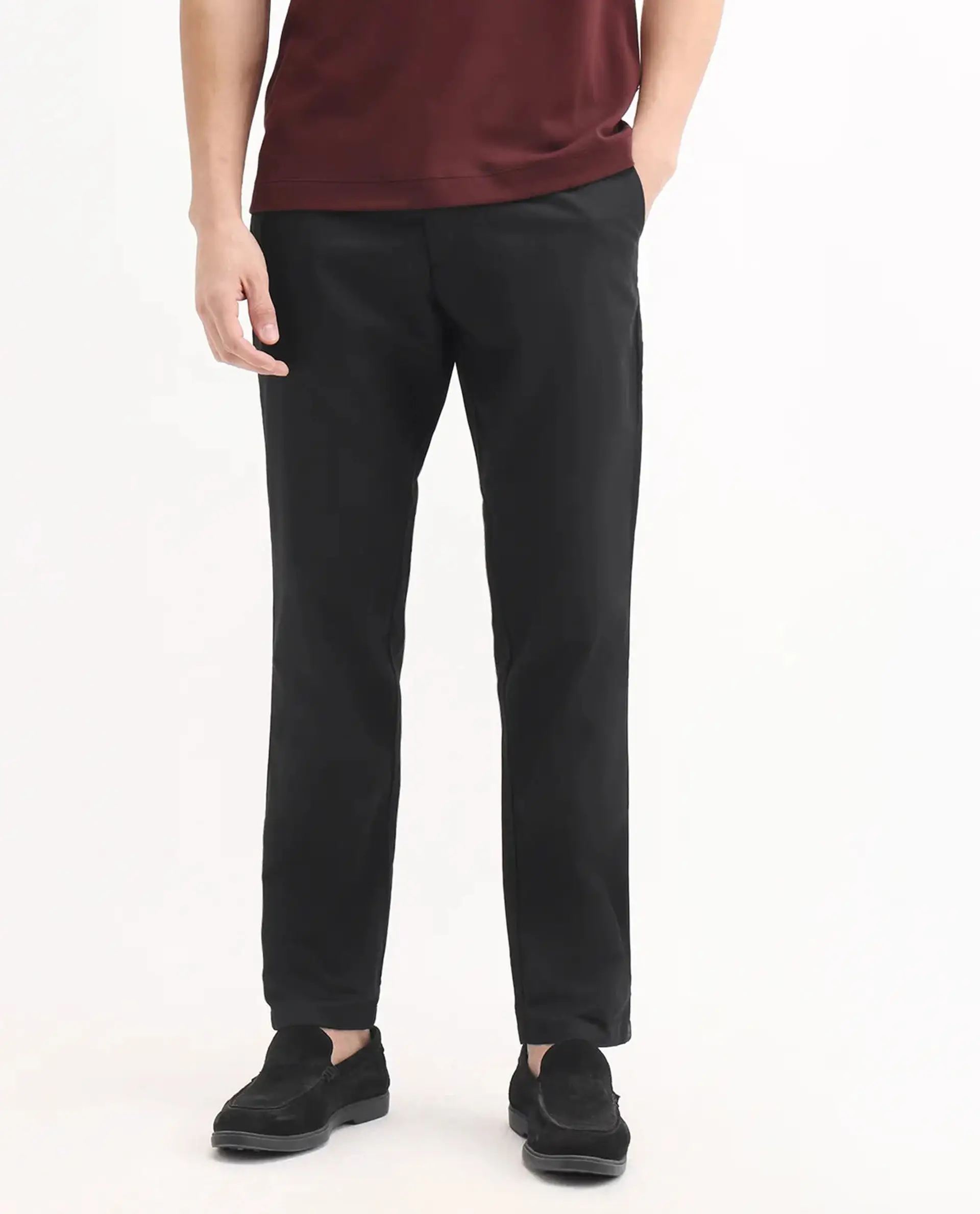 Rare Rabbit Men's Ebert Black Cotton Plain Regular Fit Trouser - Image 9