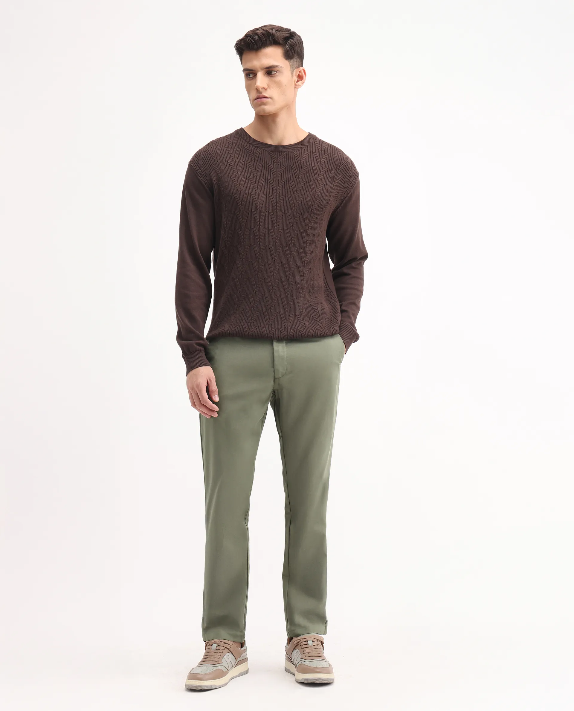 Rare Rabbit Men's Ebert Olive Cotton Plain Regular Fit Trouser - Image 2