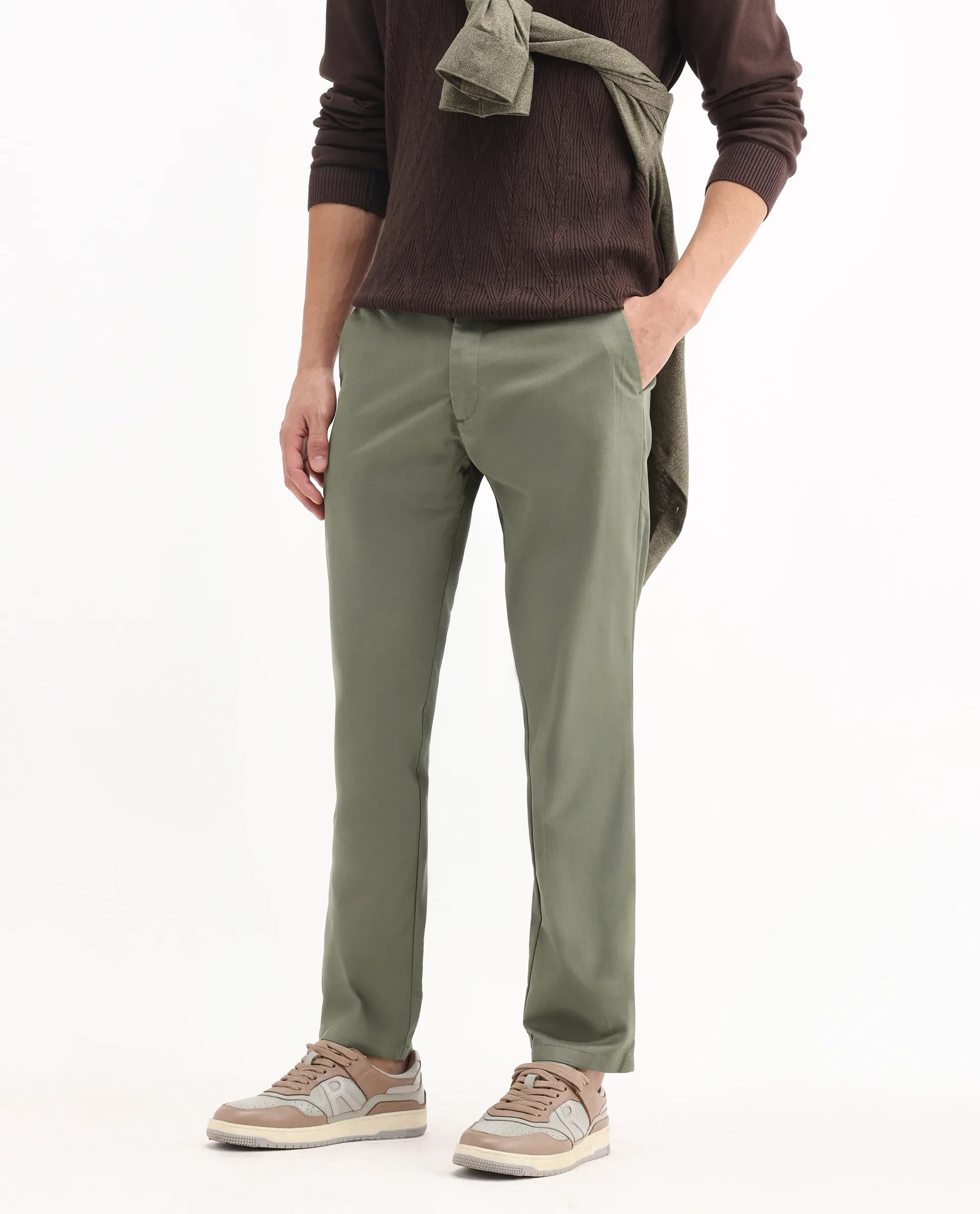 Rare Rabbit Men's Ebert Olive Cotton Plain Regular Fit Trouser - Image 3