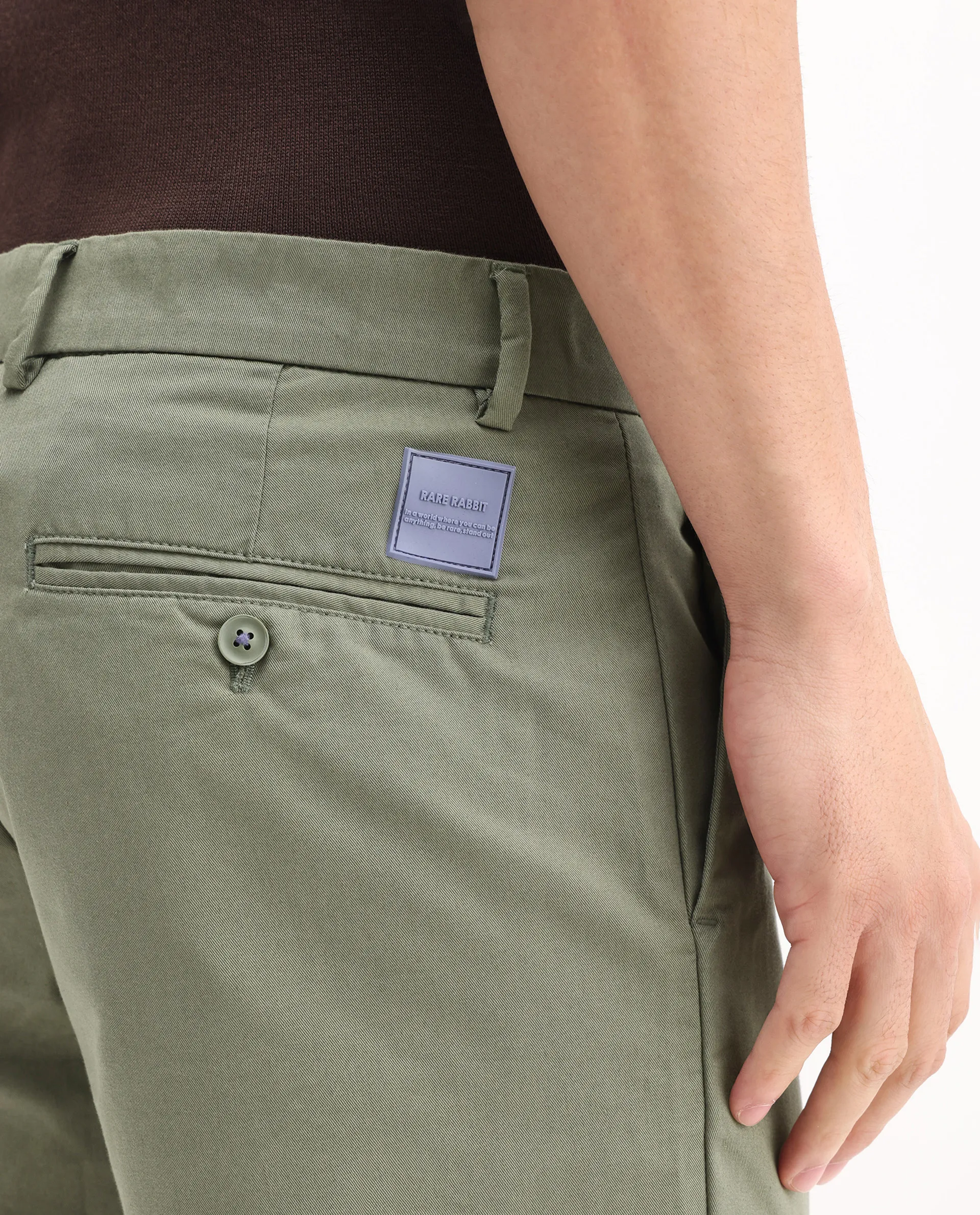 Rare Rabbit Men's Ebert Olive Cotton Plain Regular Fit Trouser - Image 5