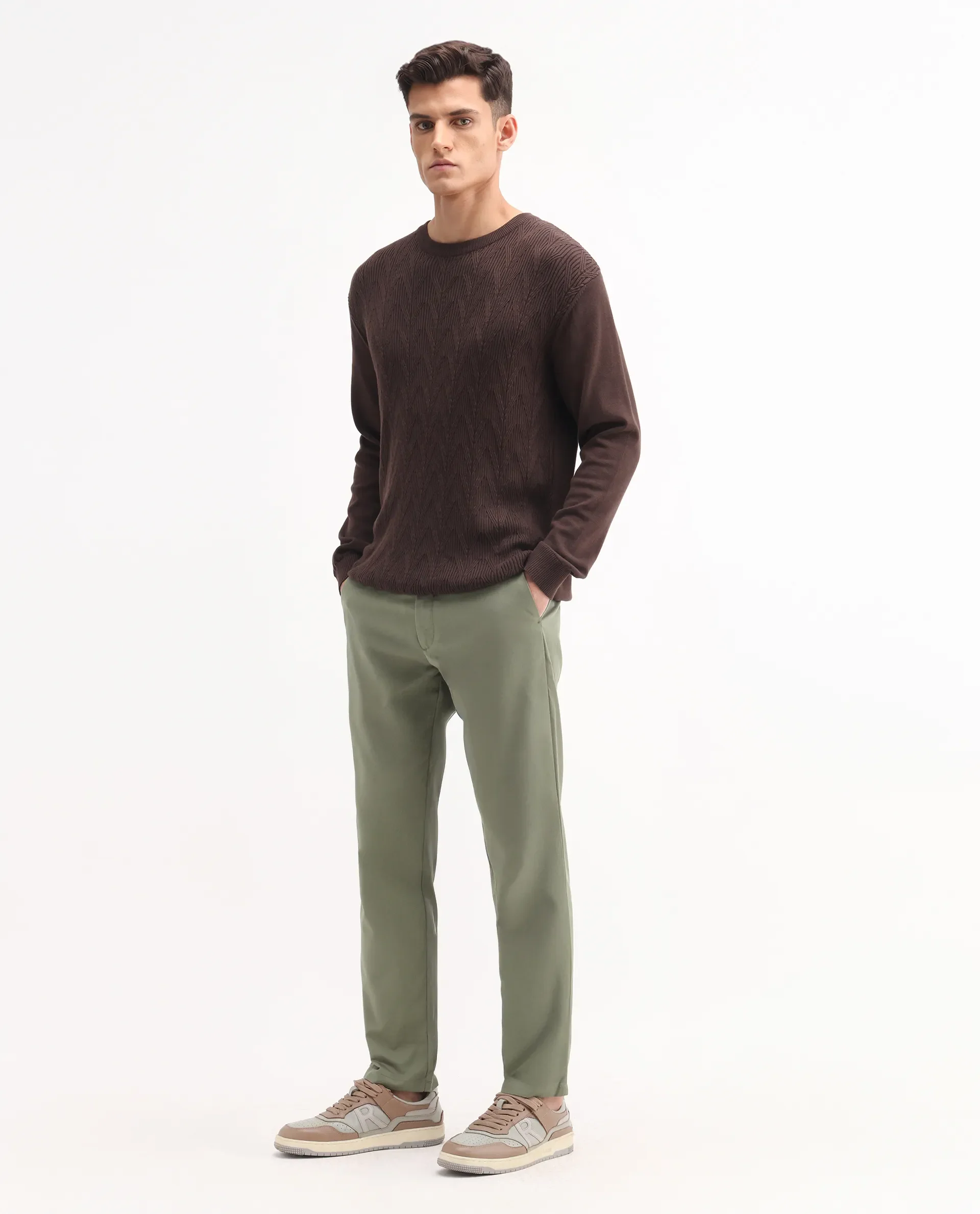 Rare Rabbit Men's Ebert Olive Cotton Plain Regular Fit Trouser - Image 7