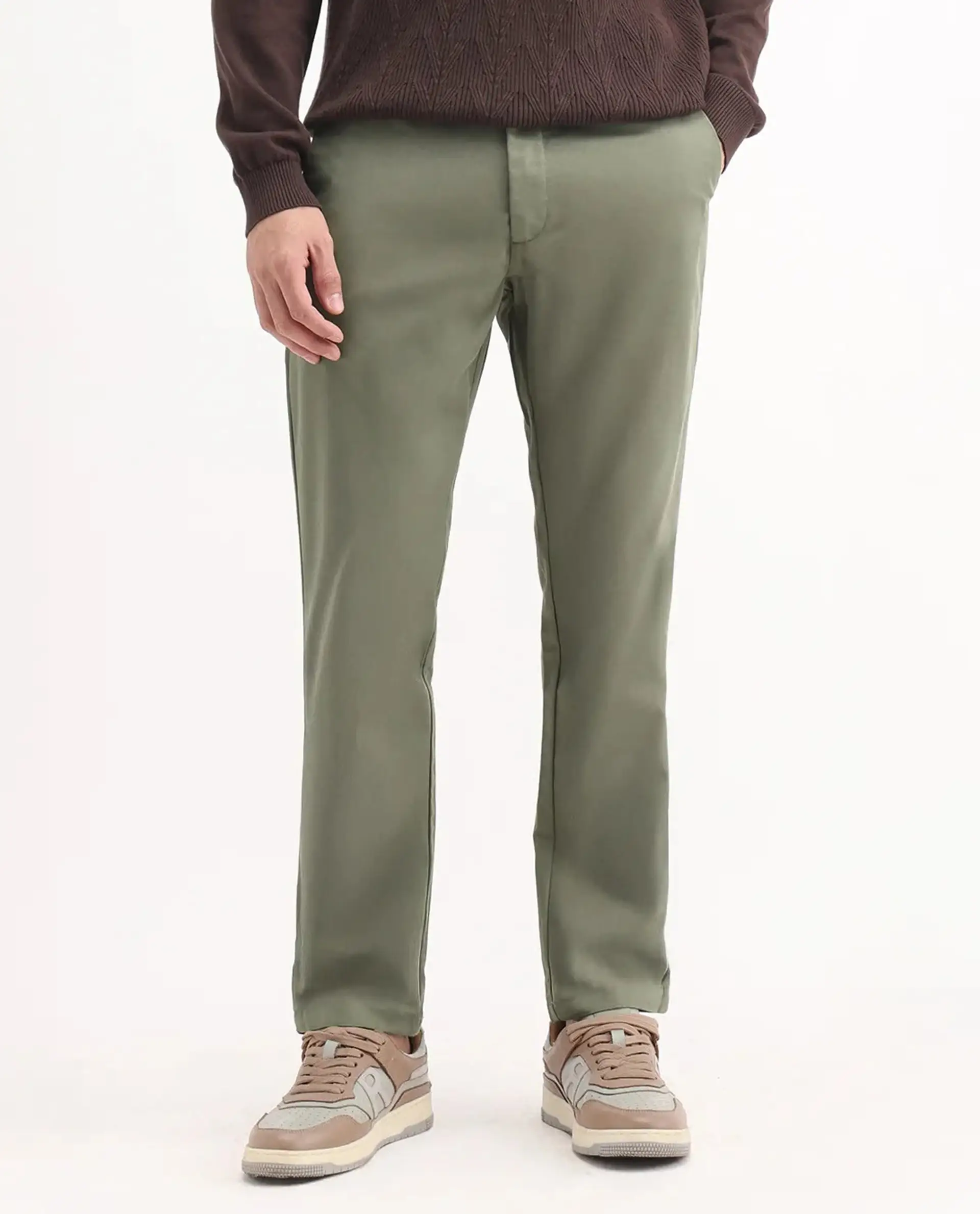 Rare Rabbit Men's Ebert Olive Cotton Plain Regular Fit Trouser - Image 9