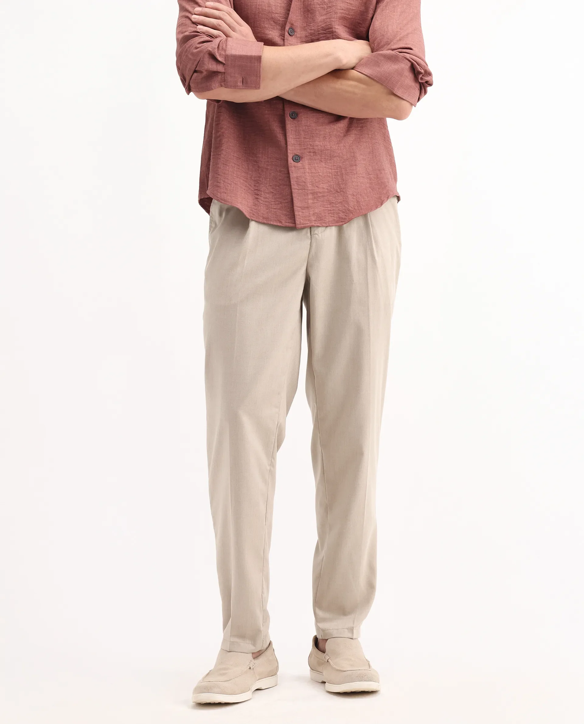 Rare Rabbit Men's Echo Beige Cotton Plain Regular Fit Trouser - Image 3