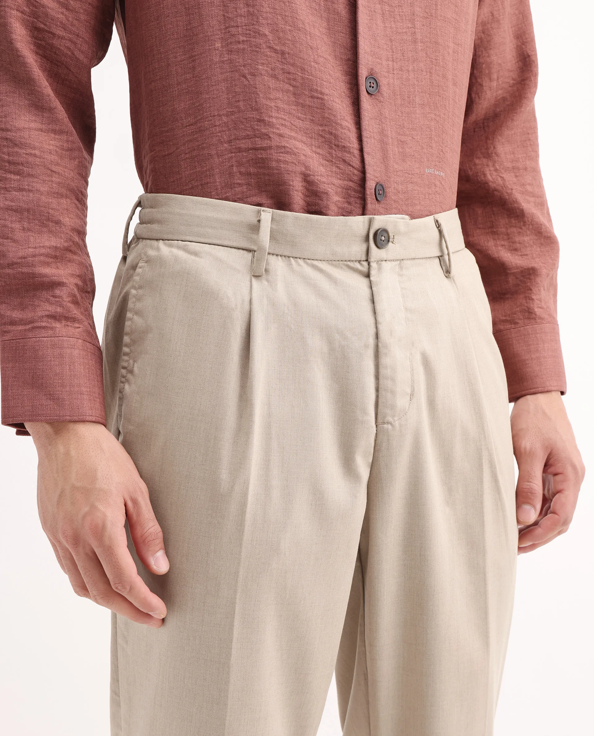 Rare Rabbit Men's Echo Beige Cotton Plain Regular Fit Trouser - Image 4
