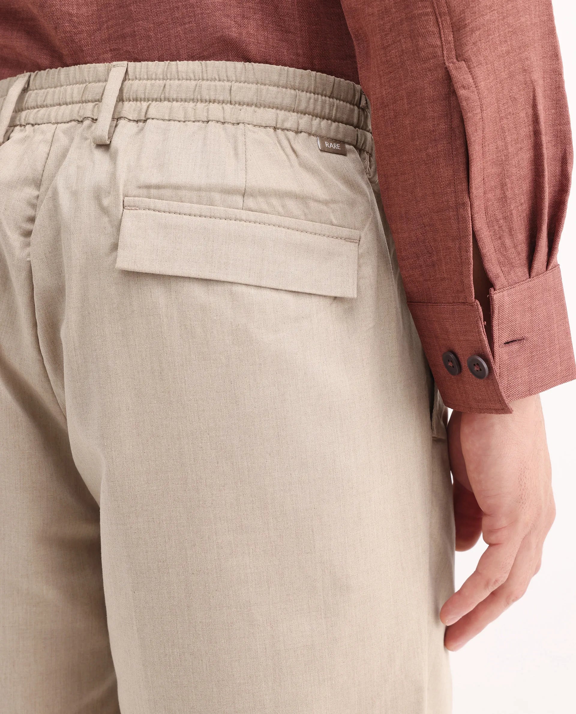 Rare Rabbit Men's Echo Beige Cotton Plain Regular Fit Trouser - Image 5