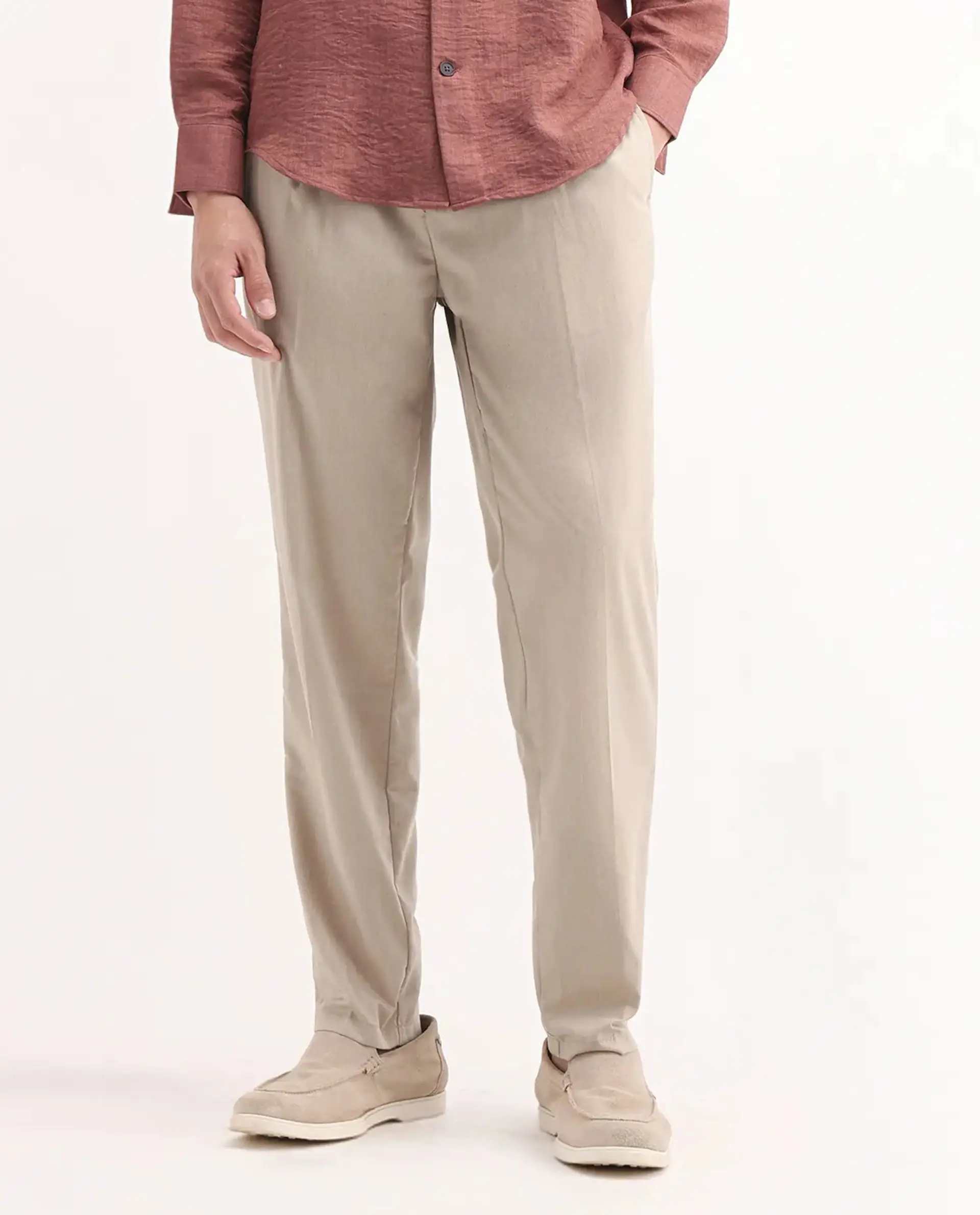 Rare Rabbit Men's Echo Beige Cotton Plain Regular Fit Trouser - Image 9
