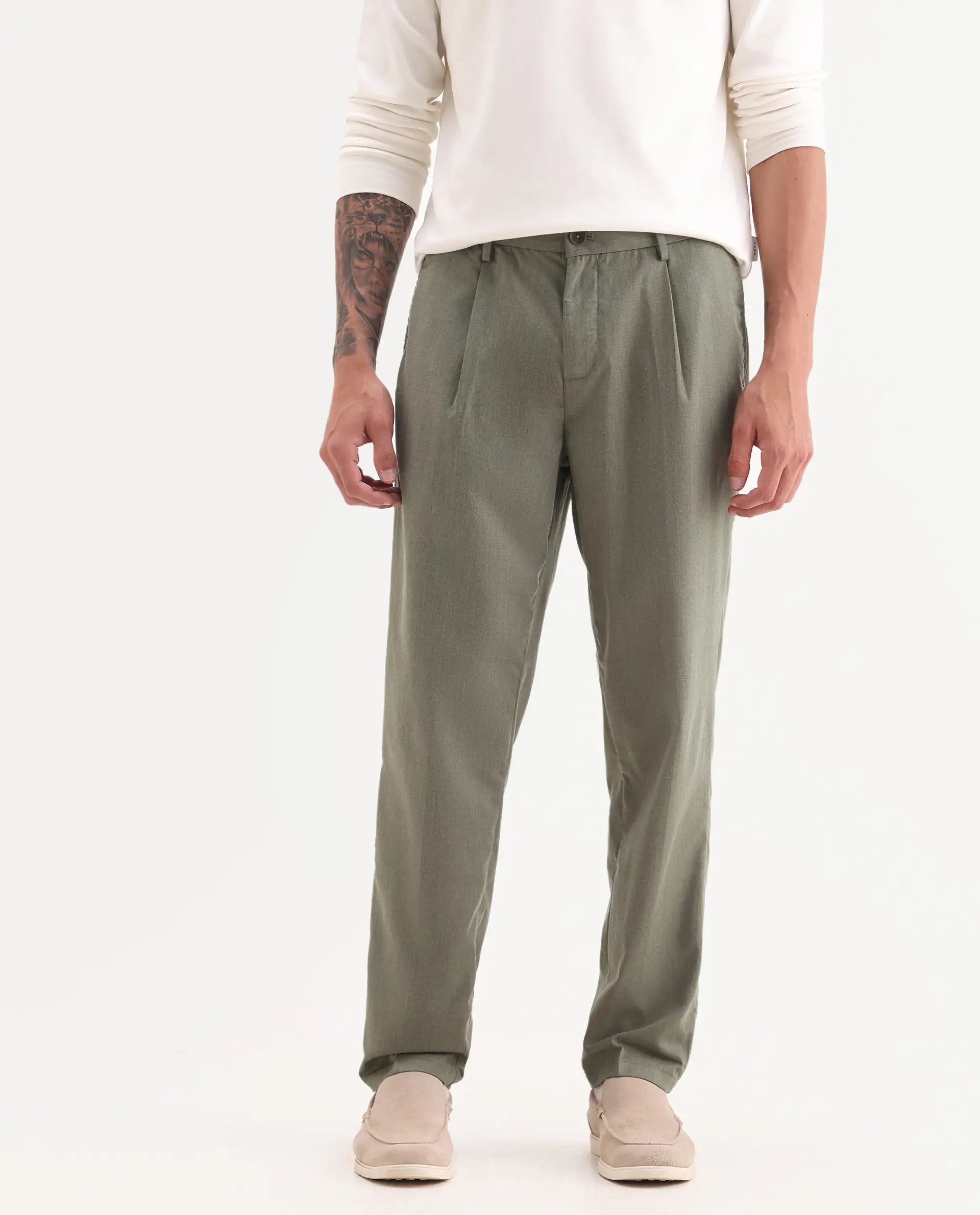 Rare Rabbit Men's Echo Light Olive Cotton Plain Regular Fit Trouser - Image 2