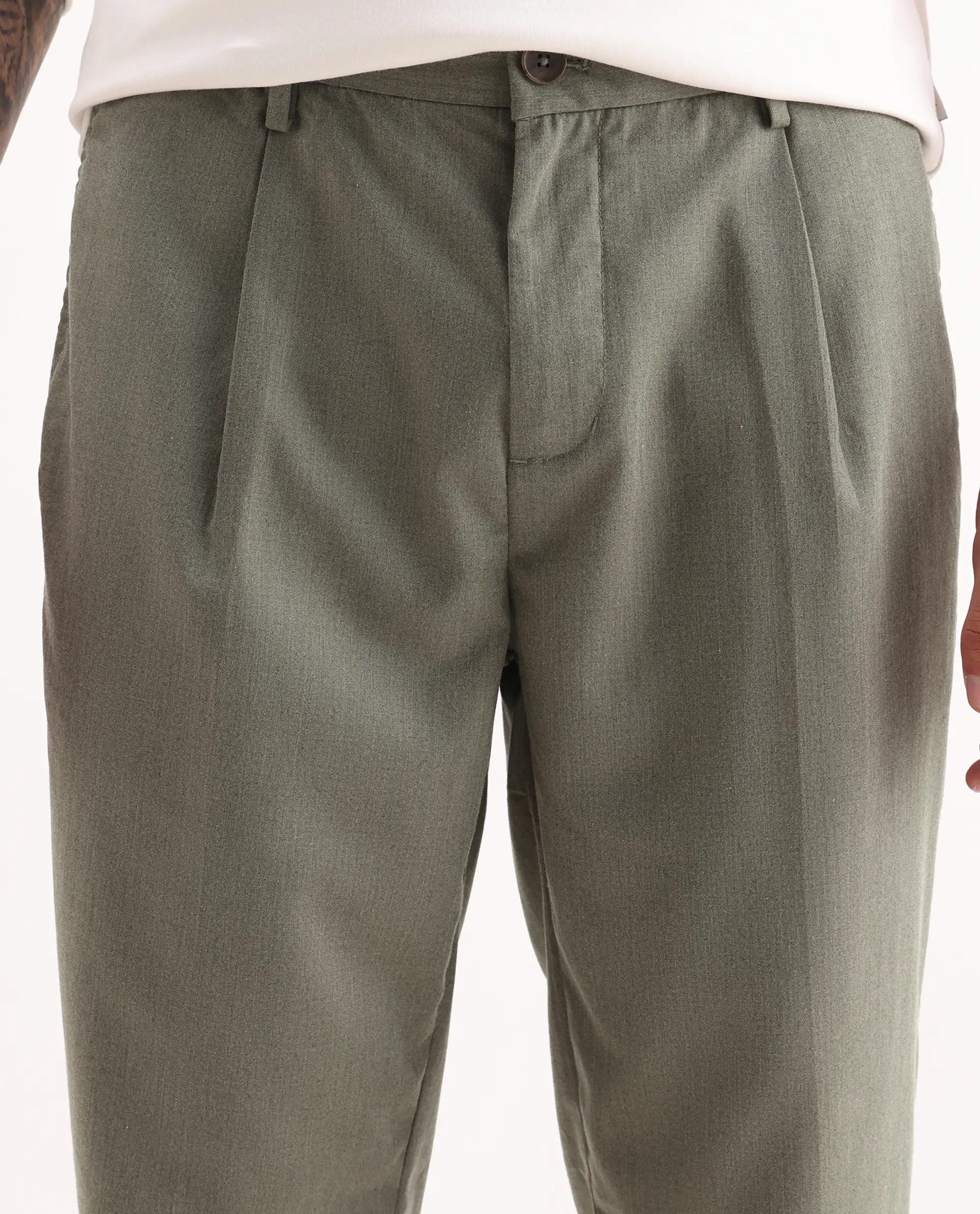 Rare Rabbit Men's Echo Light Olive Cotton Plain Regular Fit Trouser - Image 3
