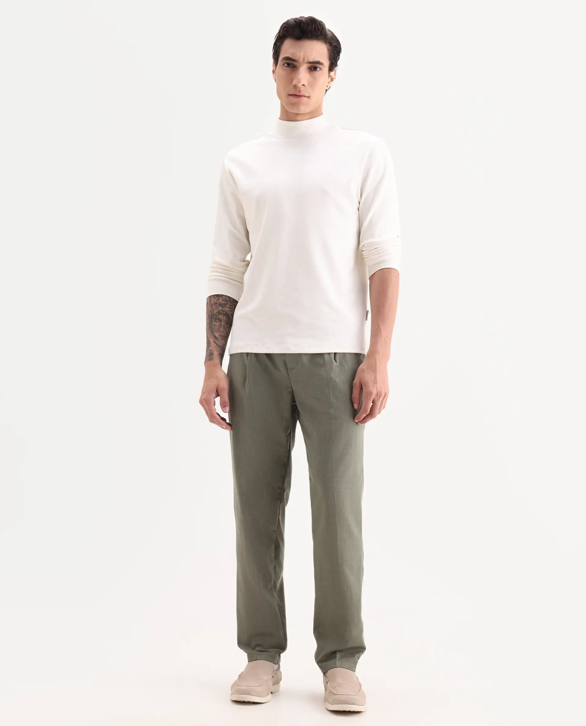 Rare Rabbit Men's Echo Light Olive Cotton Plain Regular Fit Trouser - Image 4