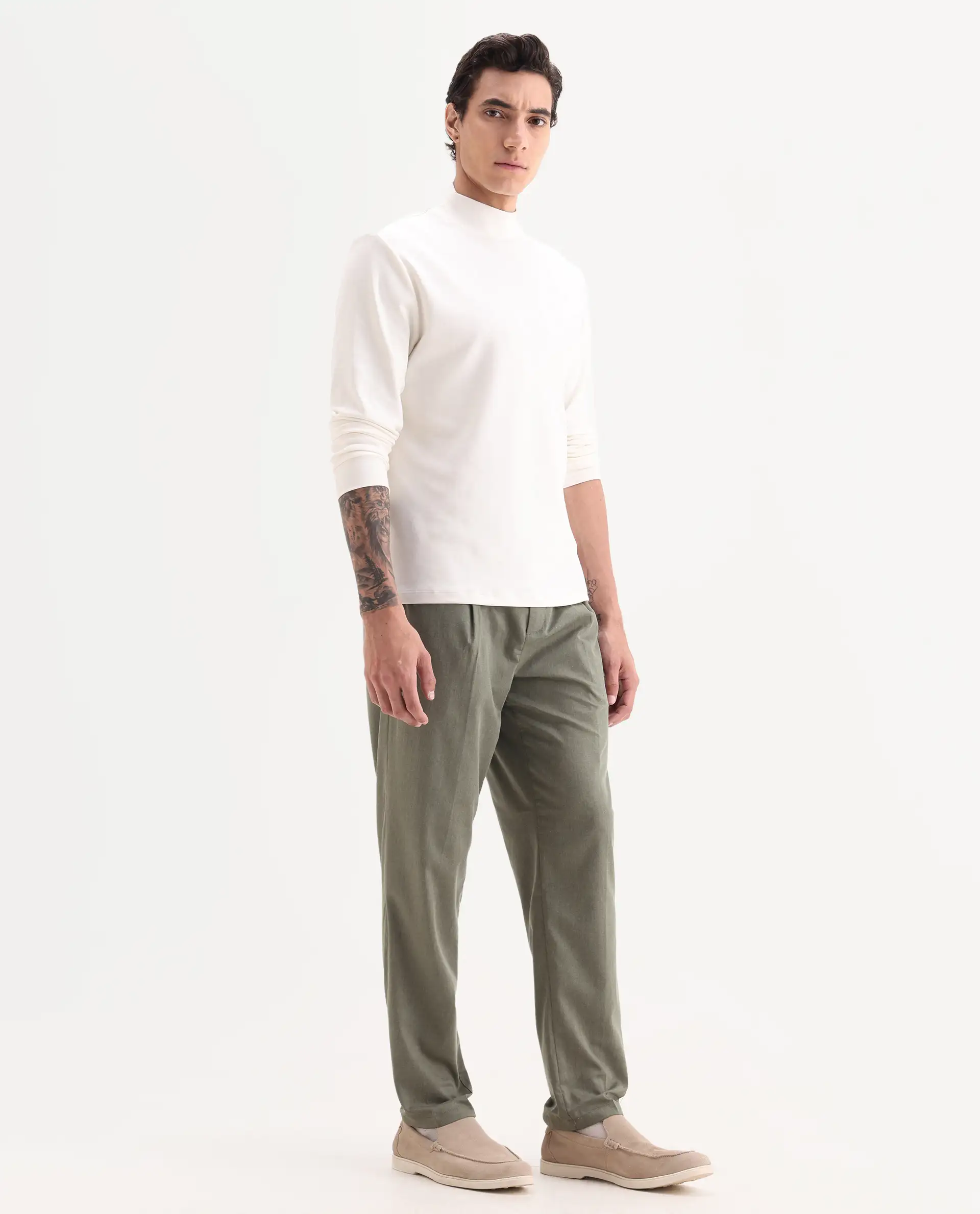 Rare Rabbit Men's Echo Light Olive Cotton Plain Regular Fit Trouser - Image 5