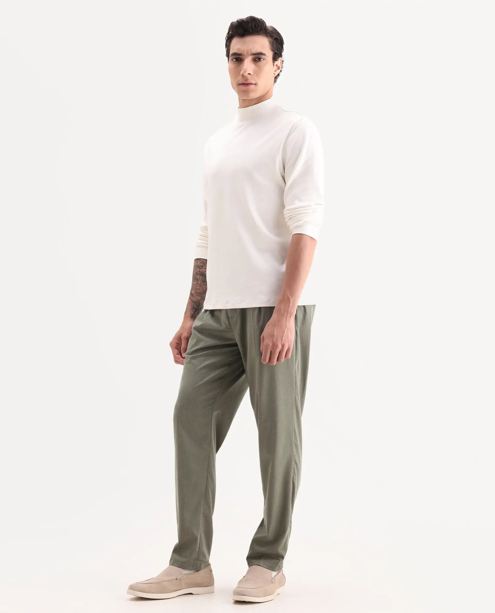 Rare Rabbit Men's Echo Light Olive Cotton Plain Regular Fit Trouser - Image 6
