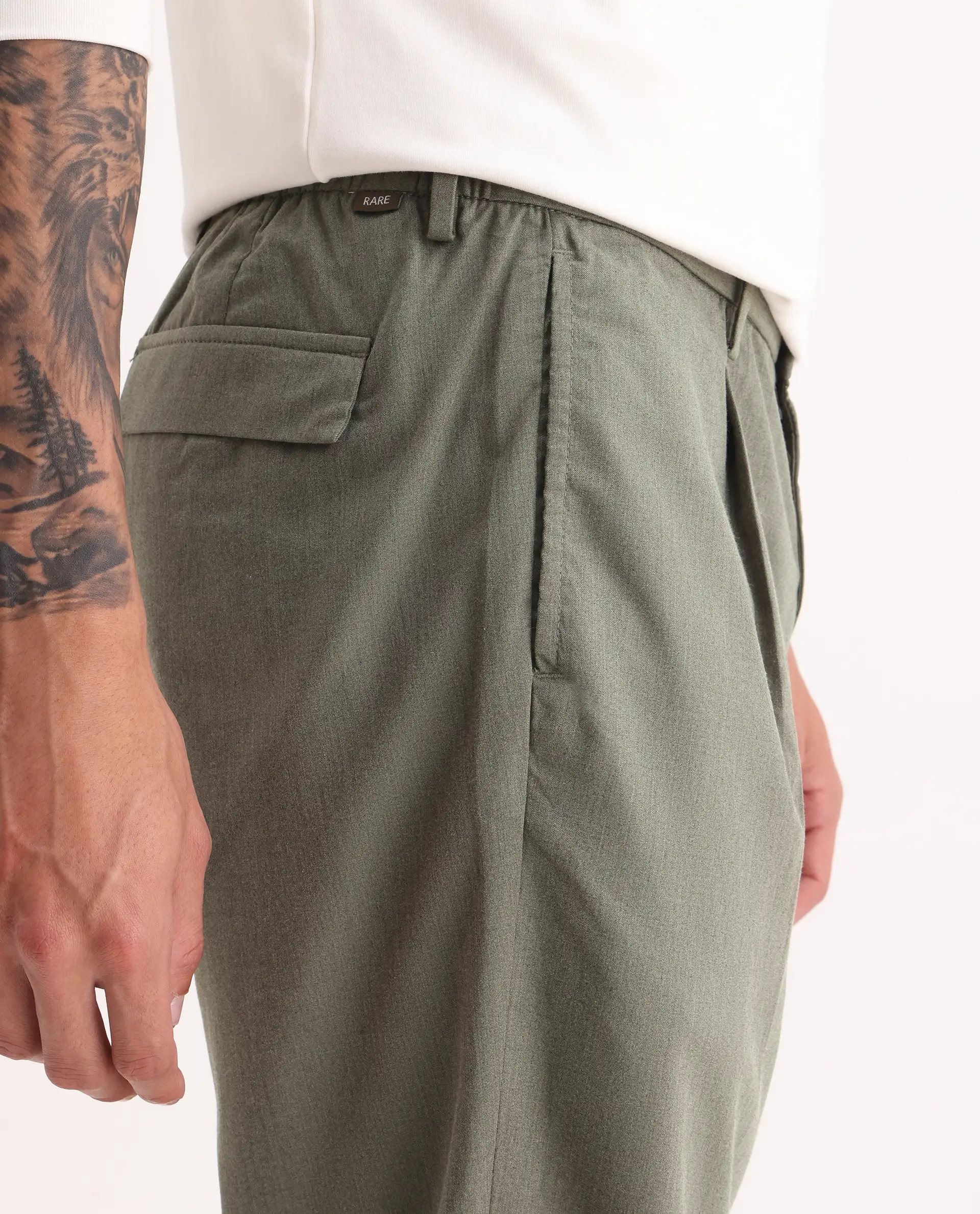 Rare Rabbit Men's Echo Light Olive Cotton Plain Regular Fit Trouser - Image 7