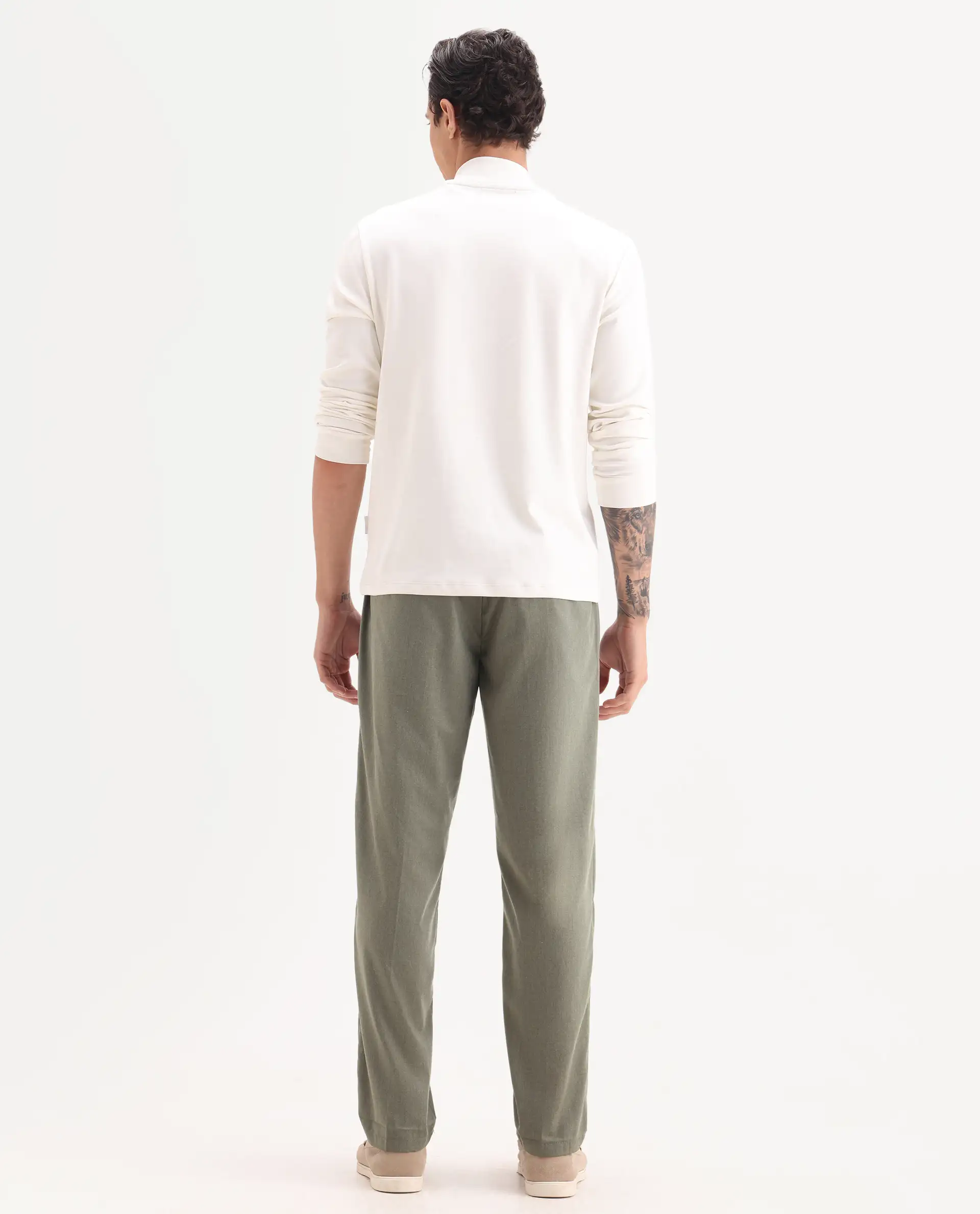 Rare Rabbit Men's Echo Light Olive Cotton Plain Regular Fit Trouser - Image 8