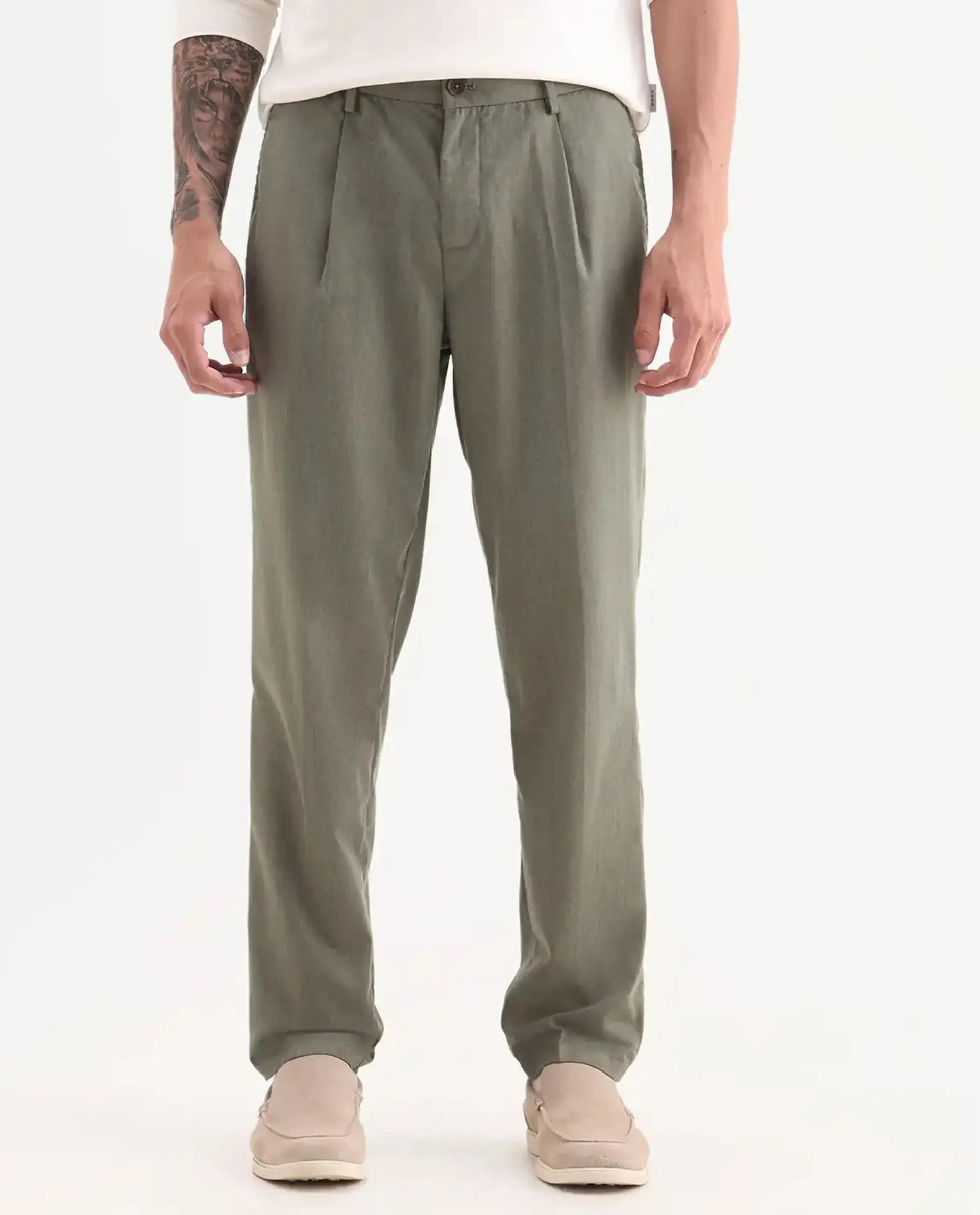 Rare Rabbit Men's Echo Light Olive Cotton Plain Regular Fit Trouser - Image 9