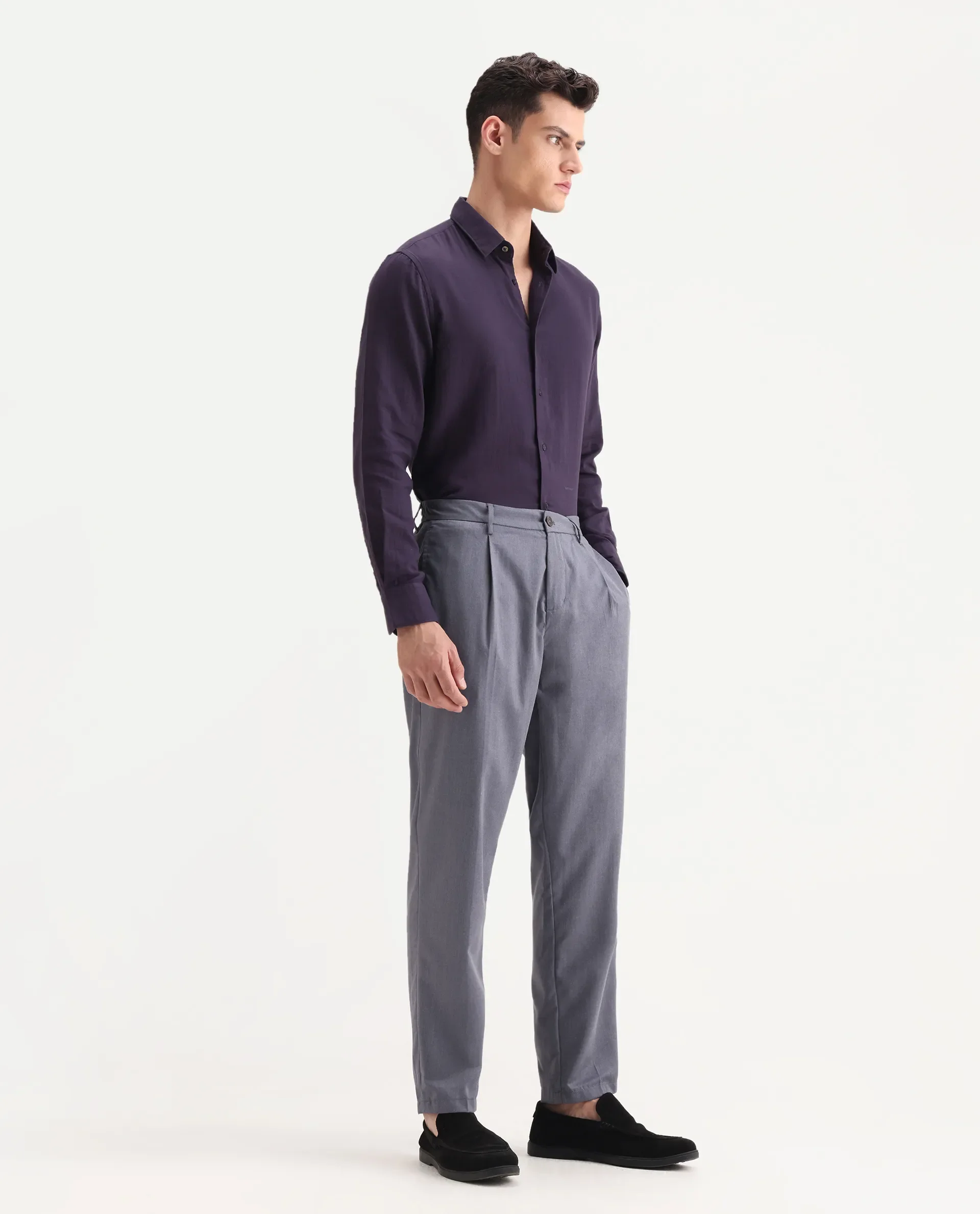 Rare Rabbit Men's Echo Light Purple Cotton Plain Regular Fit Trouser - Image 5