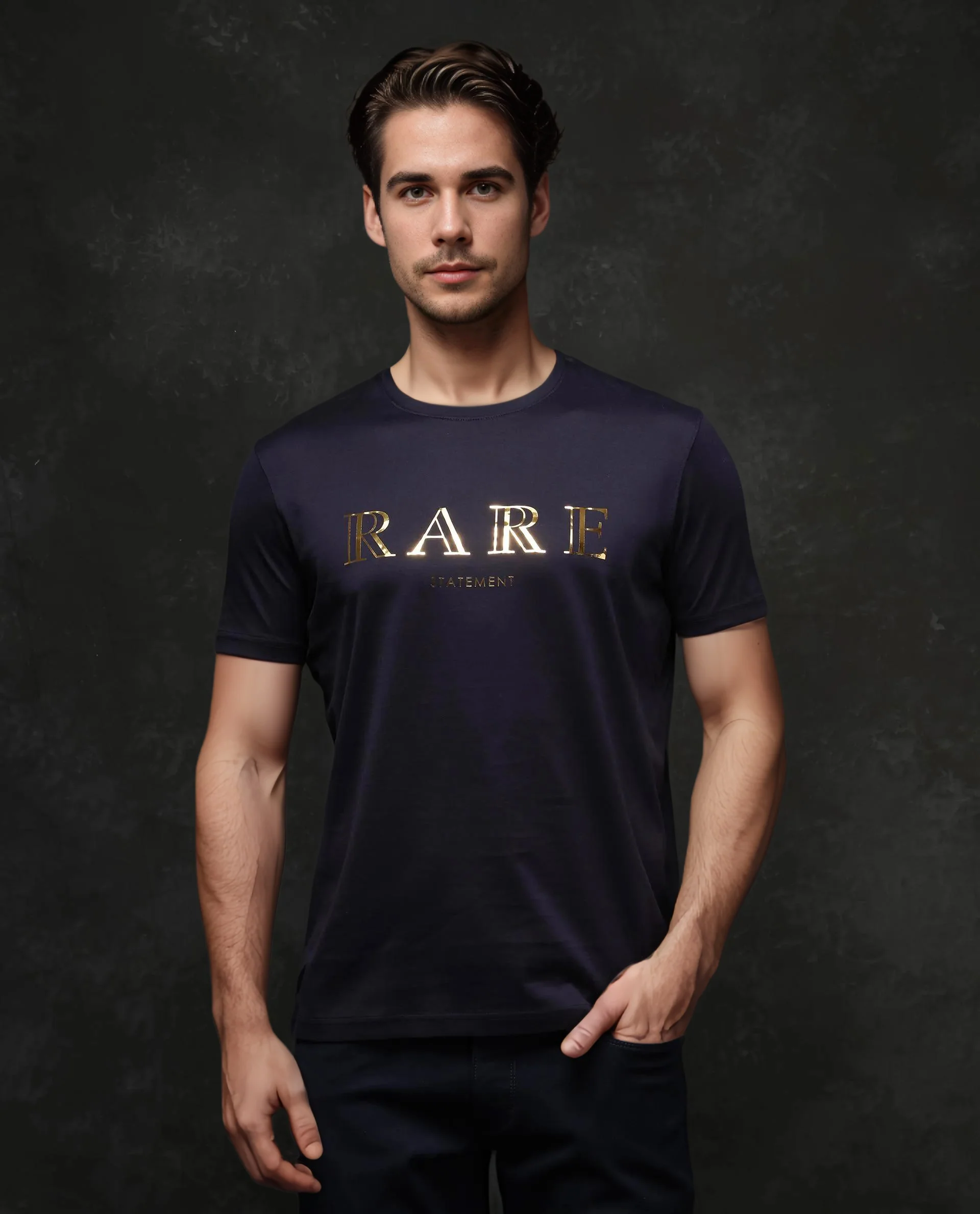 Rare Rabbit Men's Echon-1 Navy Cotton Graphic Print Regular Fit Half Sleeve Crew Neck T-Shirt