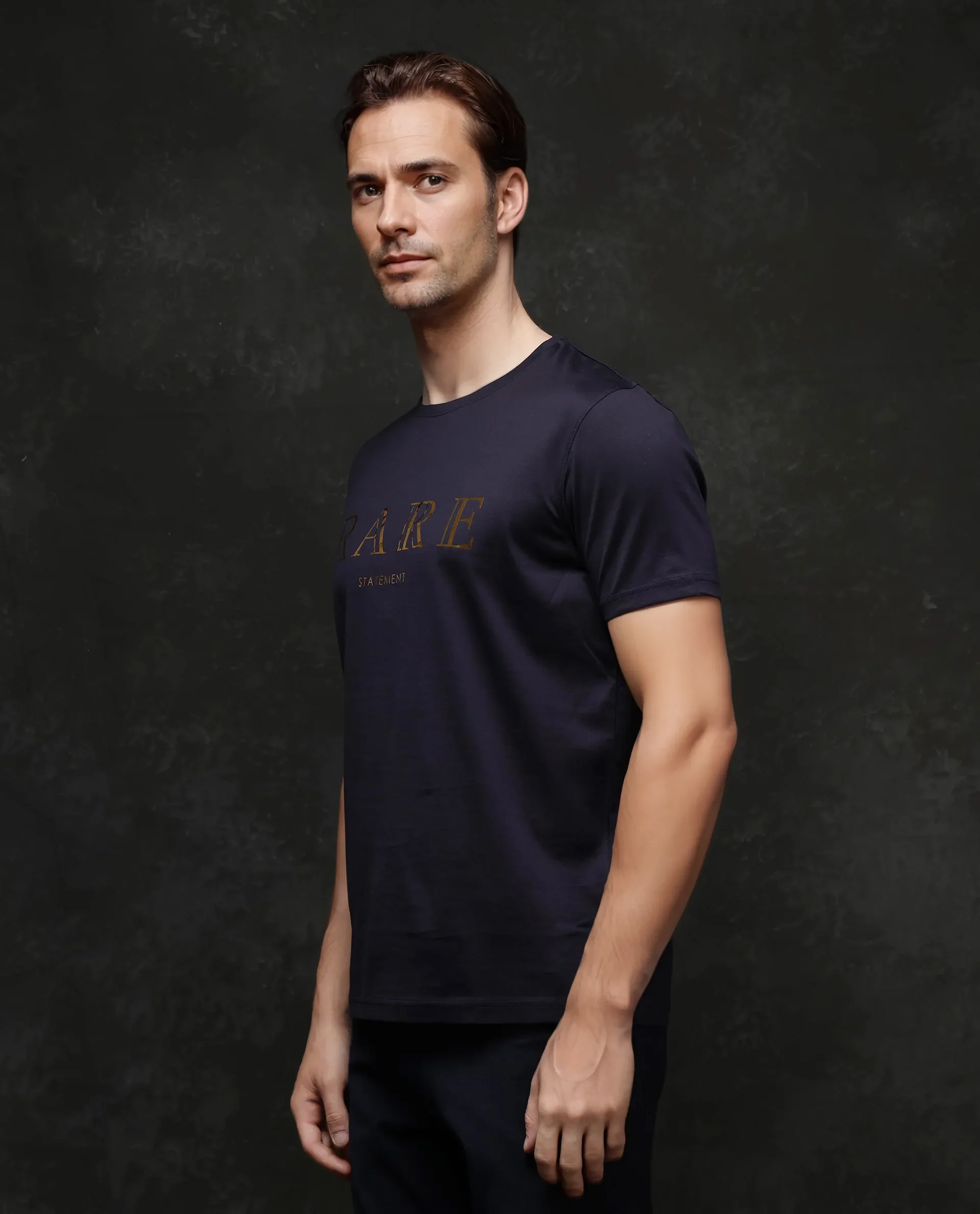 Rare Rabbit Men's Echon-1 Navy Cotton Graphic Print Regular Fit Half Sleeve Crew Neck T-Shirt - Image 2