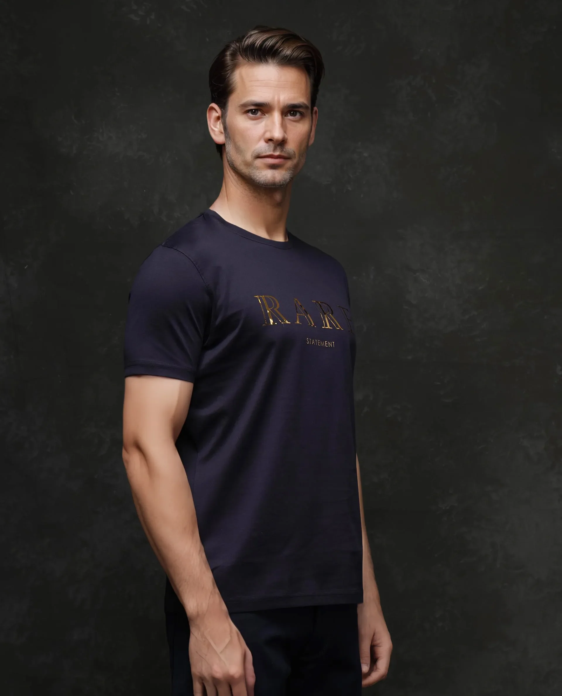 Rare Rabbit Men's Echon-1 Navy Cotton Graphic Print Regular Fit Half Sleeve Crew Neck T-Shirt - Image 3
