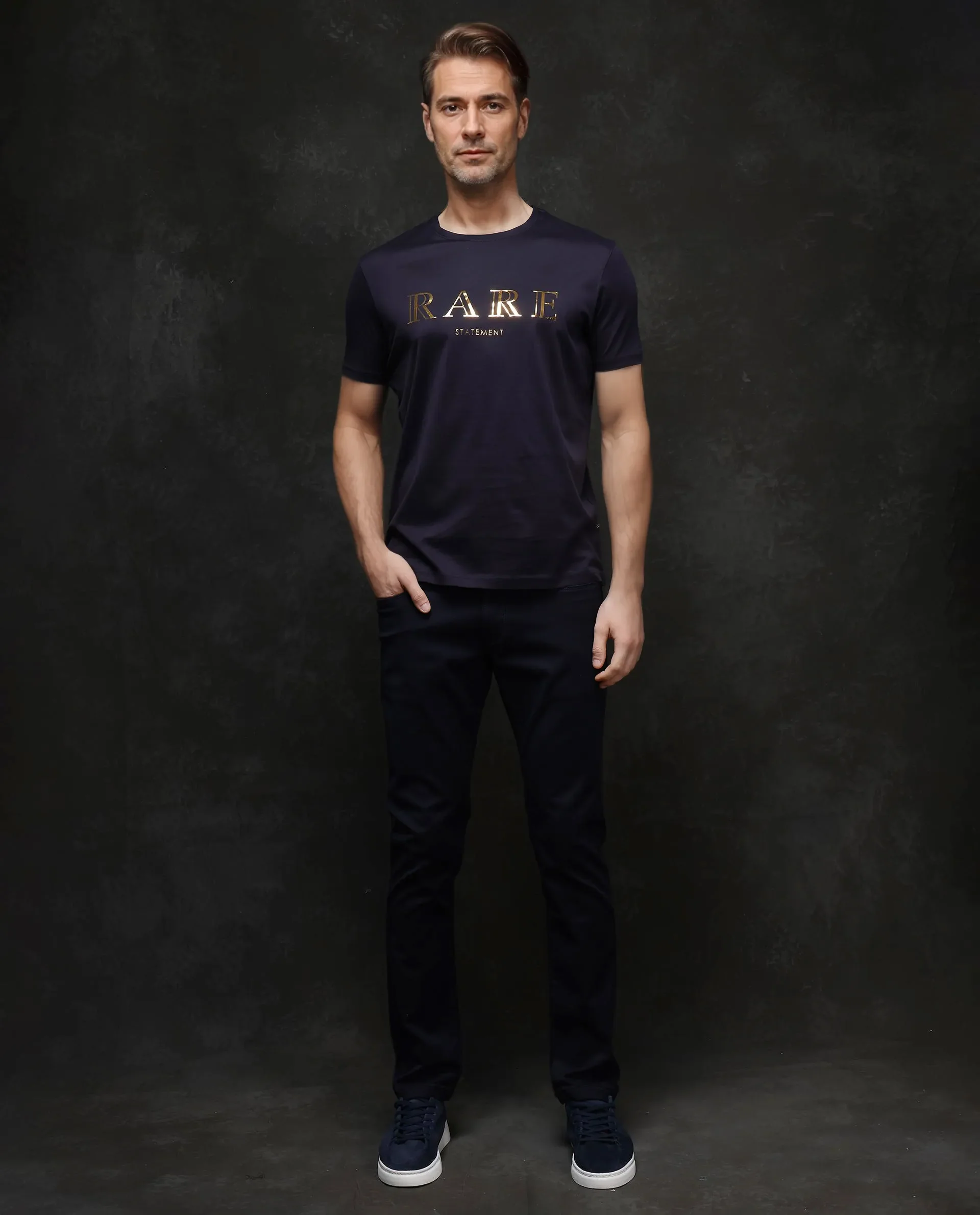 Rare Rabbit Men's Echon-1 Navy Cotton Graphic Print Regular Fit Half Sleeve Crew Neck T-Shirt - Image 4