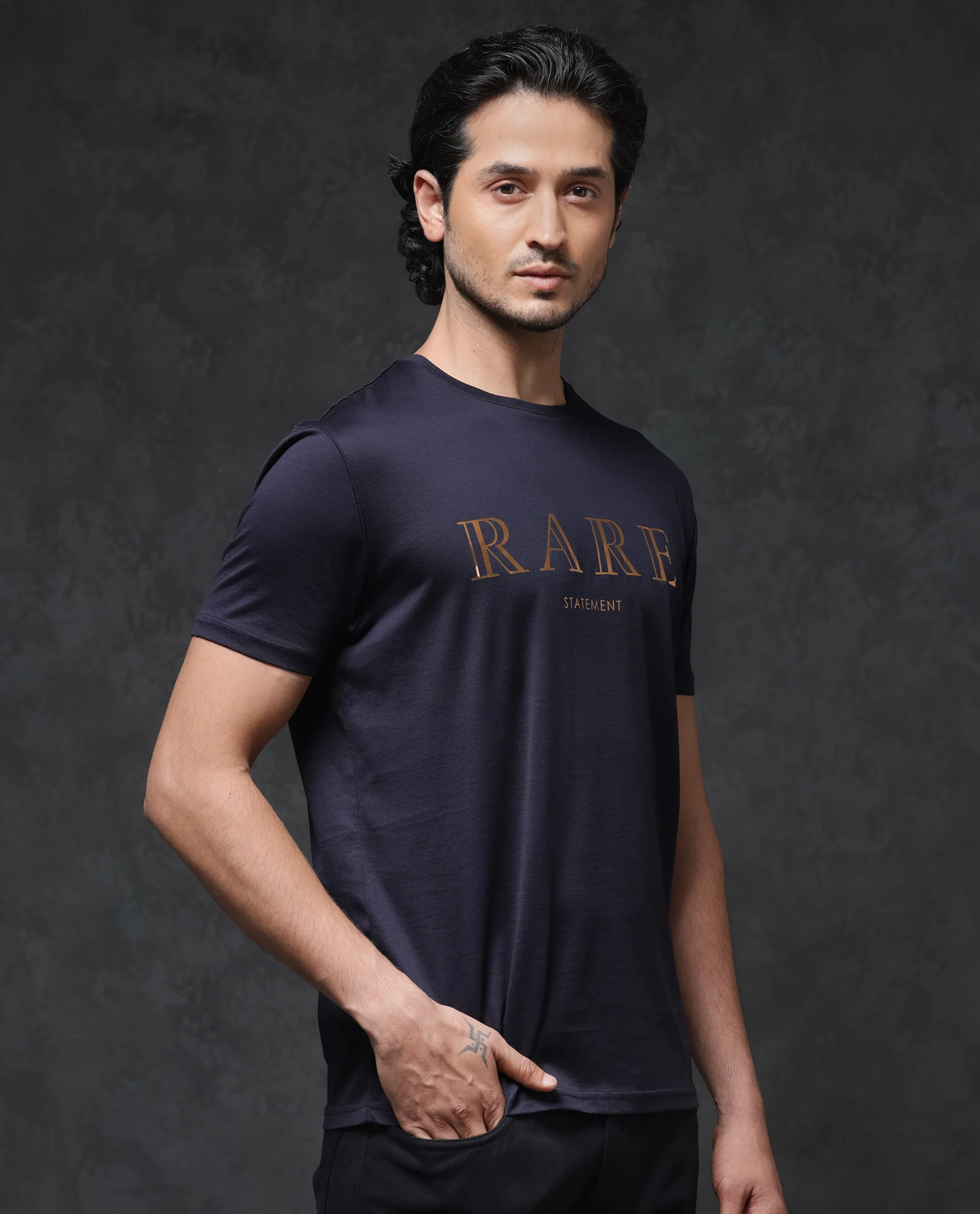 Rare Rabbit Men's Echon Navy Cotton Graphic Print Regular Fit Half Sleeve Crew Neck T-Shirt - Image 3