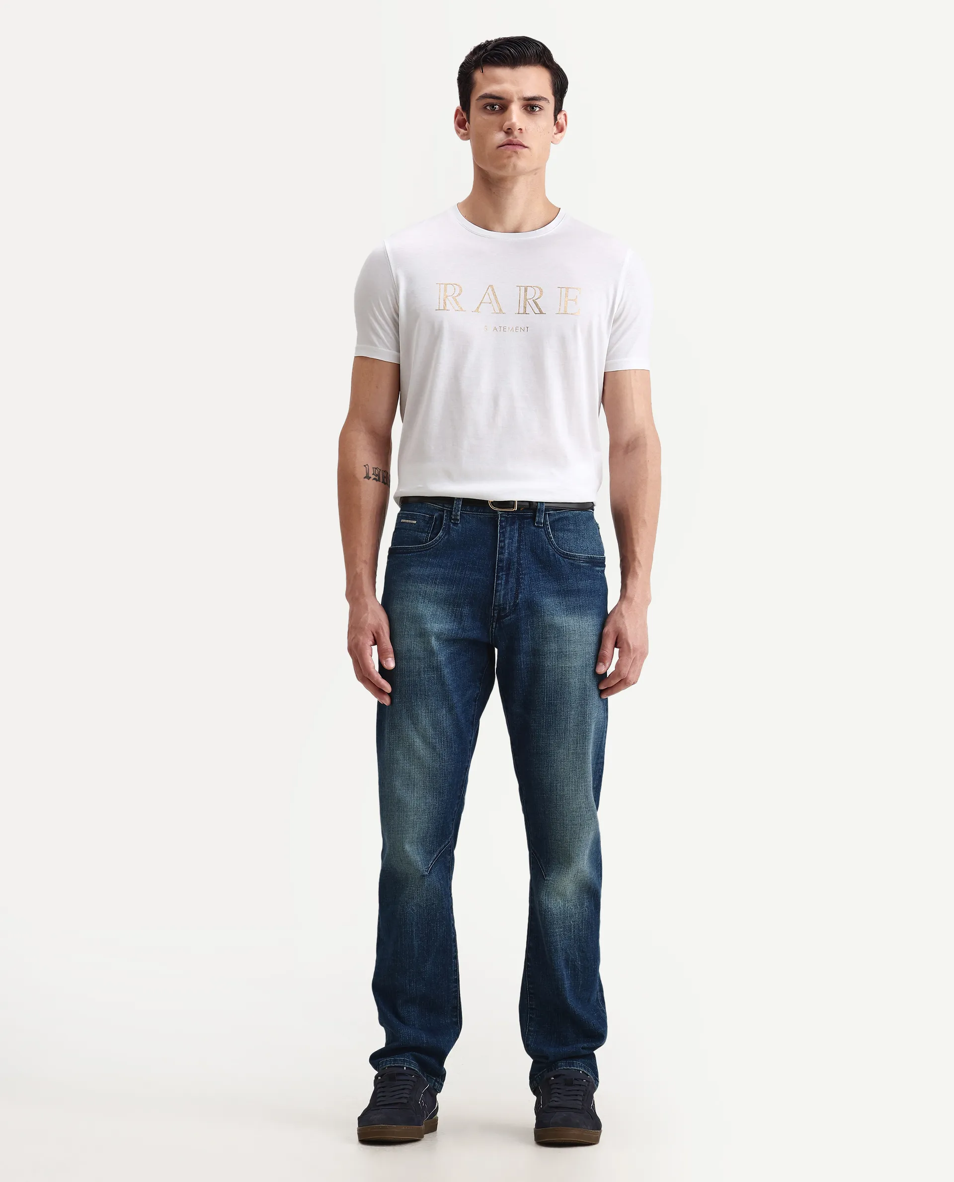Rare Rabbit Men's Echon White Cotton Graphic Print Regular Fit Half Sleeve Crew Neck T-Shirt - Image 2