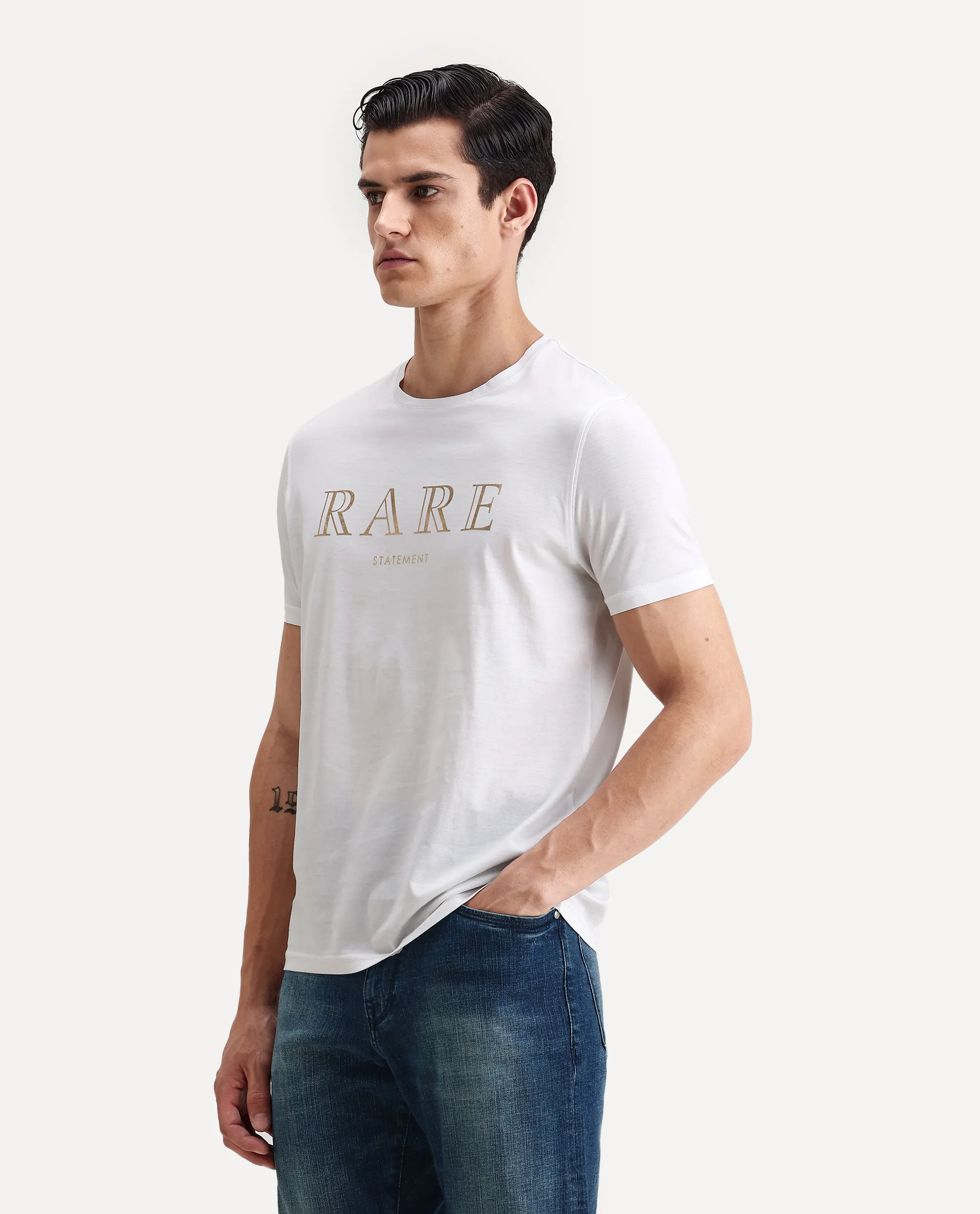 Rare Rabbit Men's Echon White Cotton Graphic Print Regular Fit Half Sleeve Crew Neck T-Shirt - Image 3