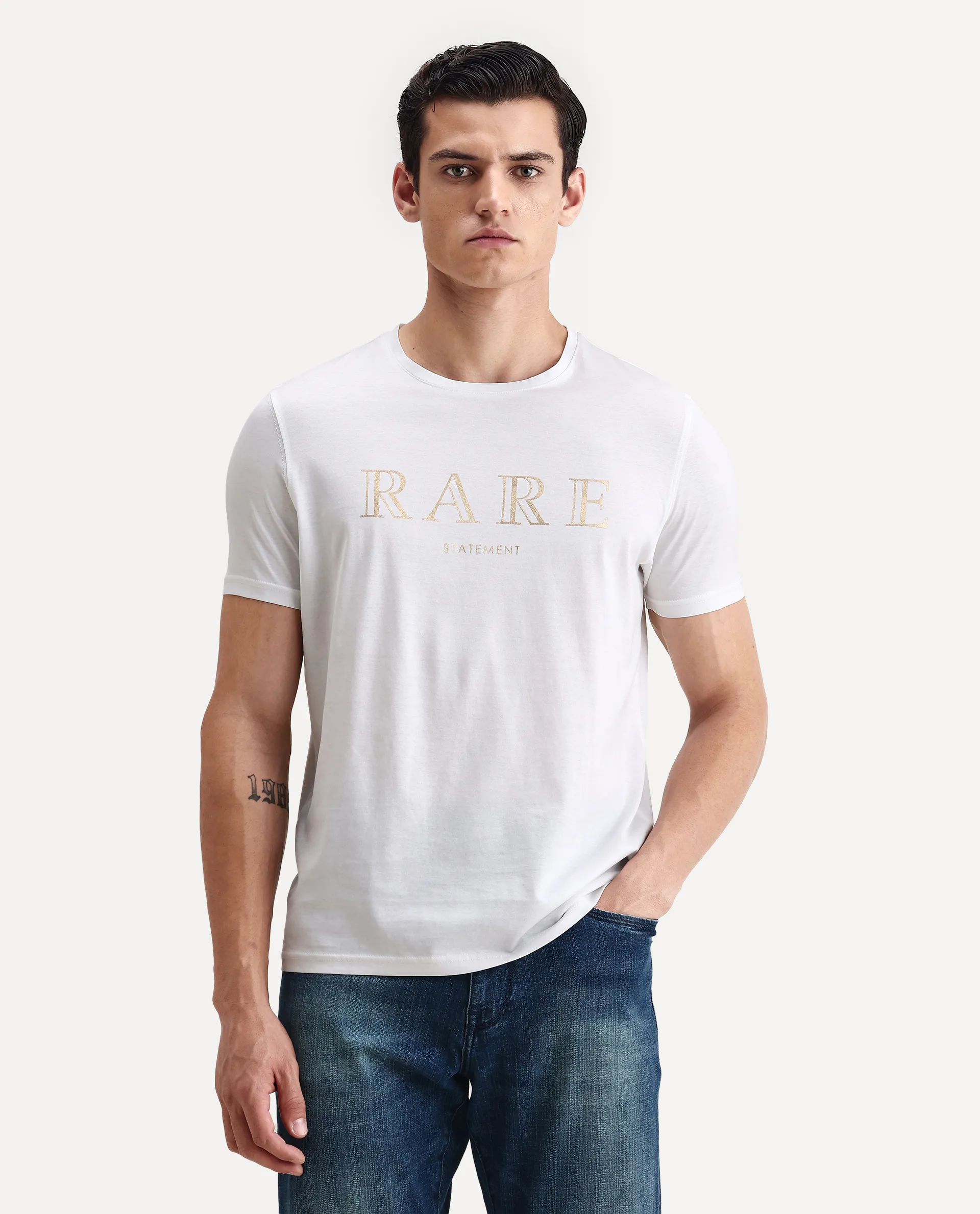 Rare Rabbit Men's Echon White Cotton Graphic Print Regular Fit Half Sleeve Crew Neck T-Shirt - Image 4