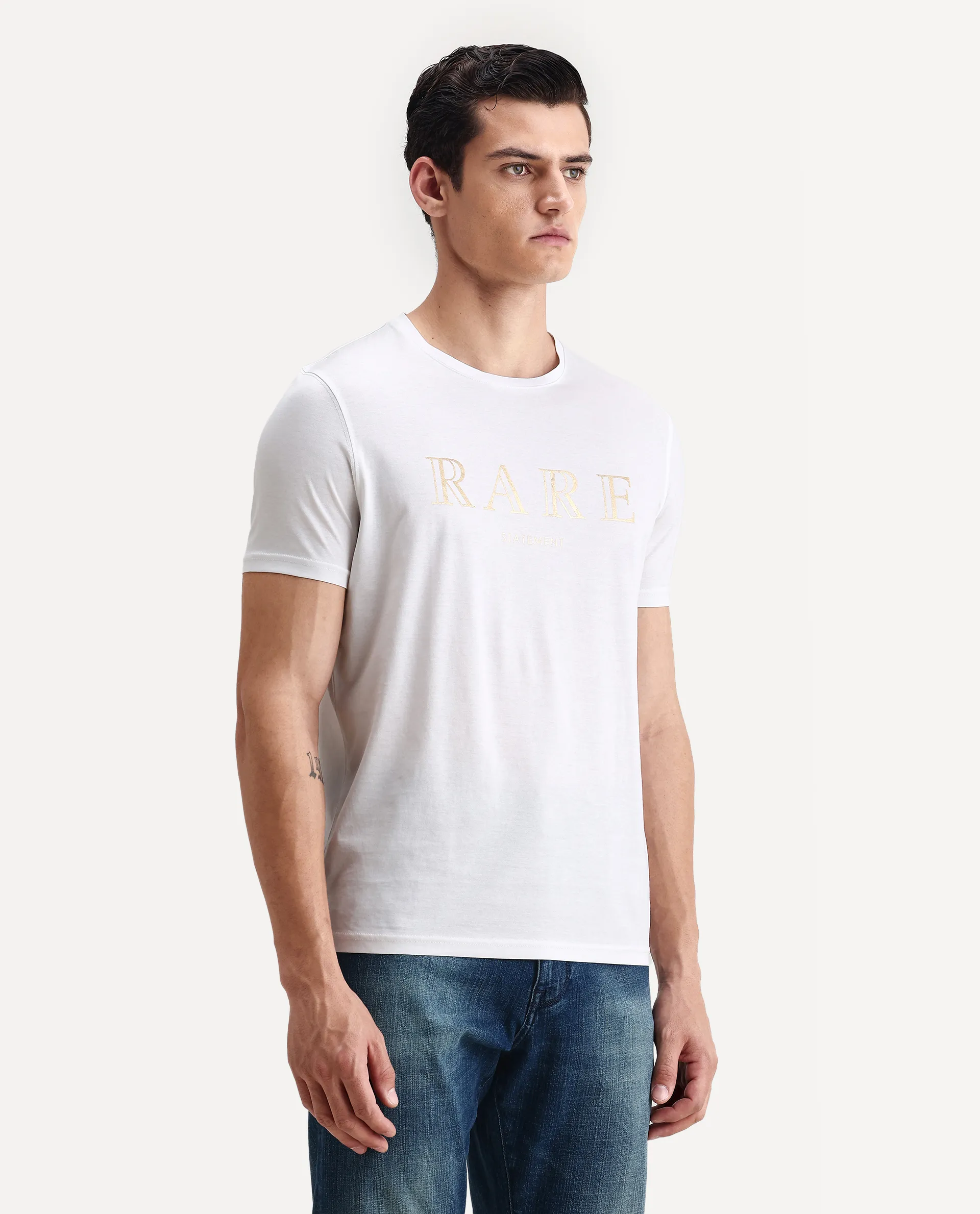 Rare Rabbit Men's Echon White Cotton Graphic Print Regular Fit Half Sleeve Crew Neck T-Shirt - Image 5
