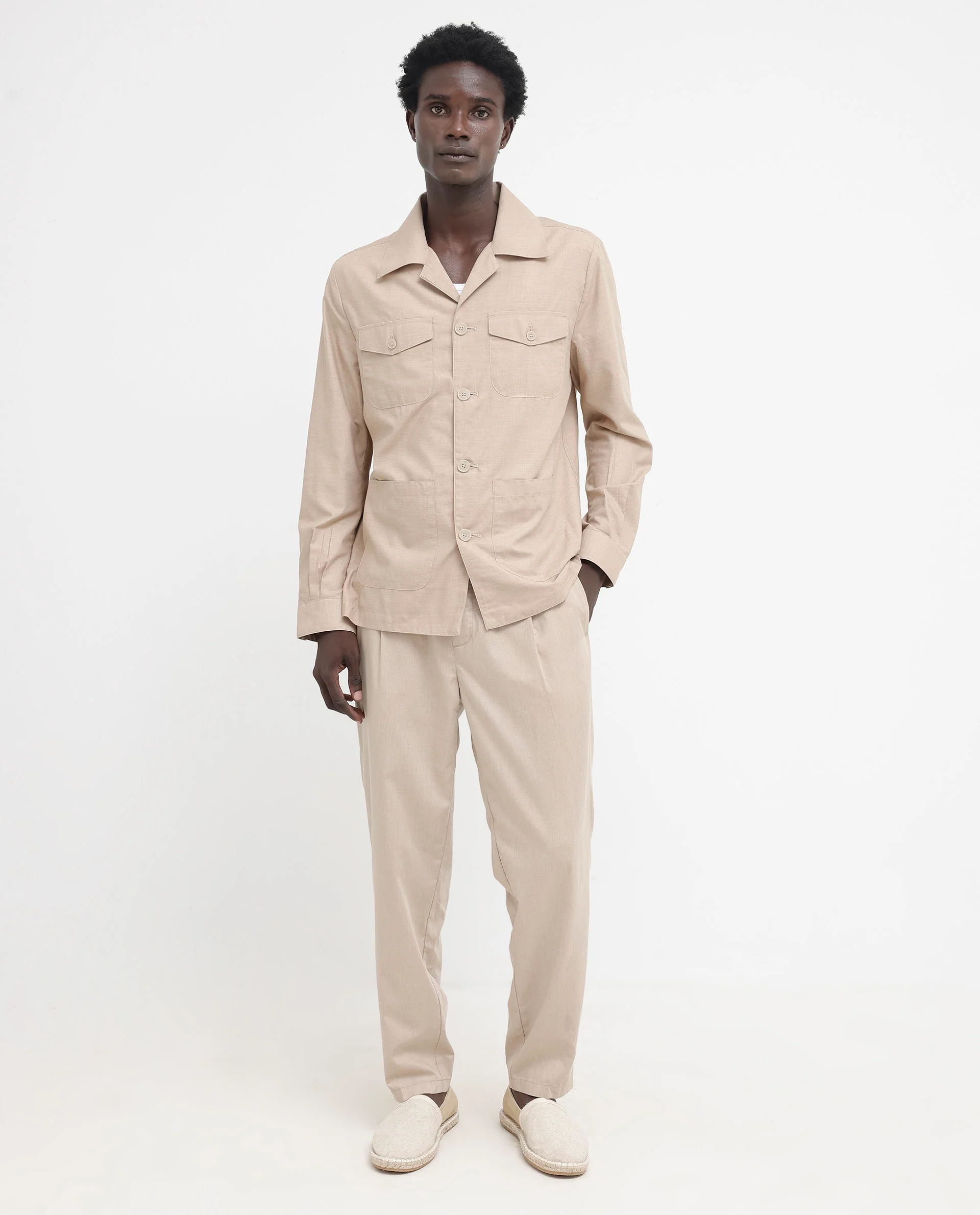 Rare Rabbit Men's Echos Beige Cotton Plain Relaxed Fit Full Sleeve Lapel Neck Jacket - Image 3