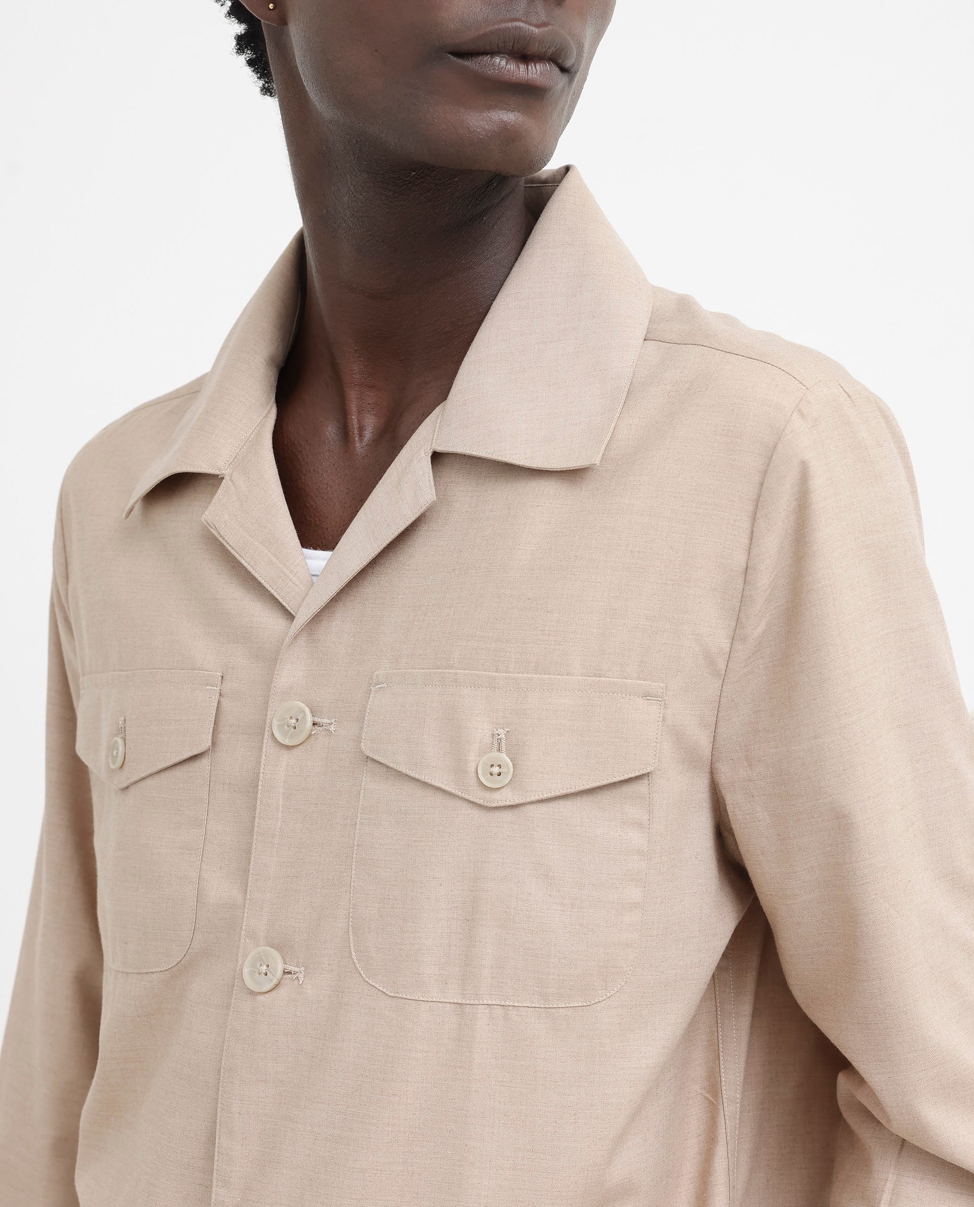 Rare Rabbit Men's Echos Beige Cotton Plain Relaxed Fit Full Sleeve Lapel Neck Jacket - Image 4