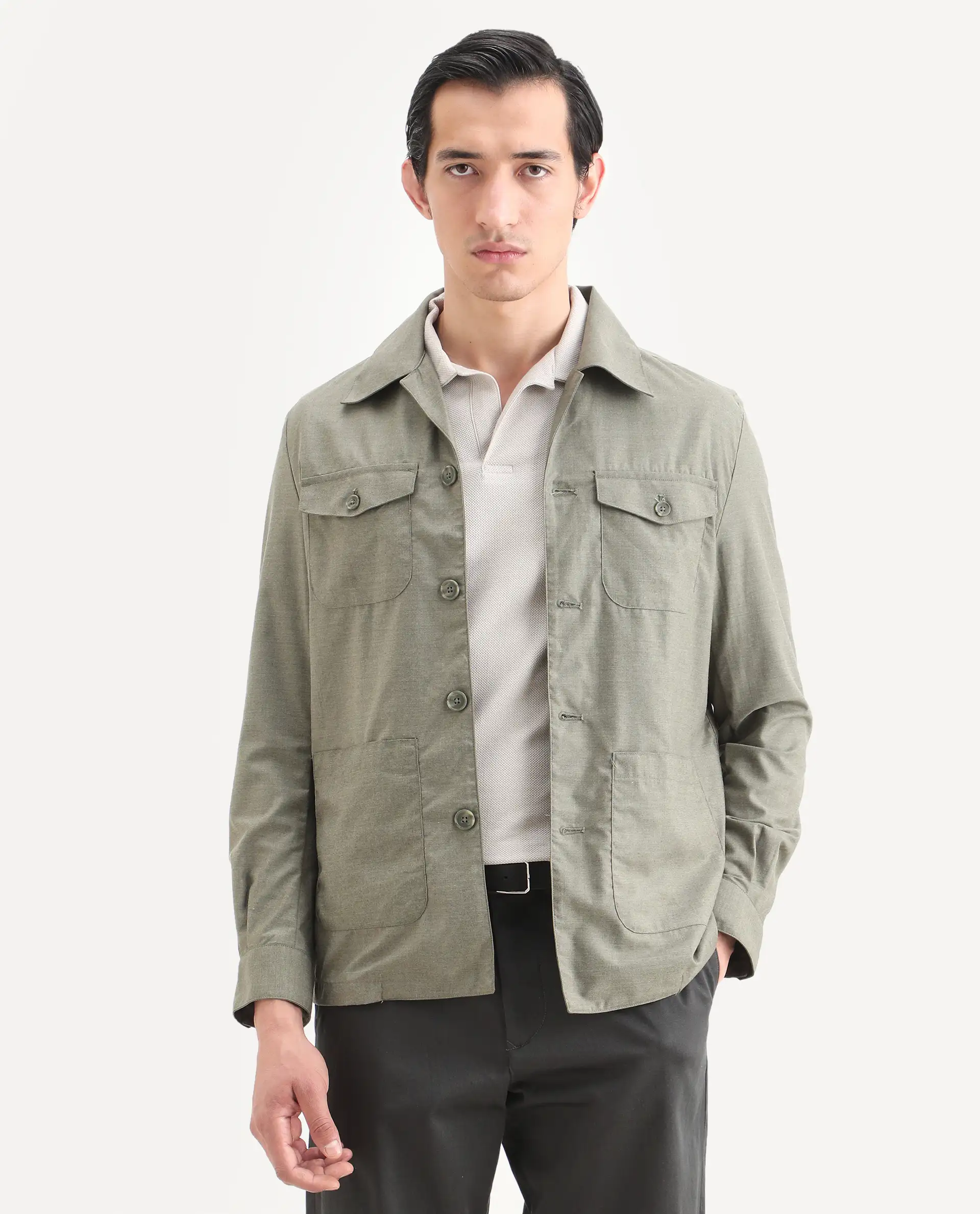 Rare Rabbit Men's Echos Light Olive Cotton Plain Relaxed Fit Full Sleeve Lapel Neck Jacket - Image 3