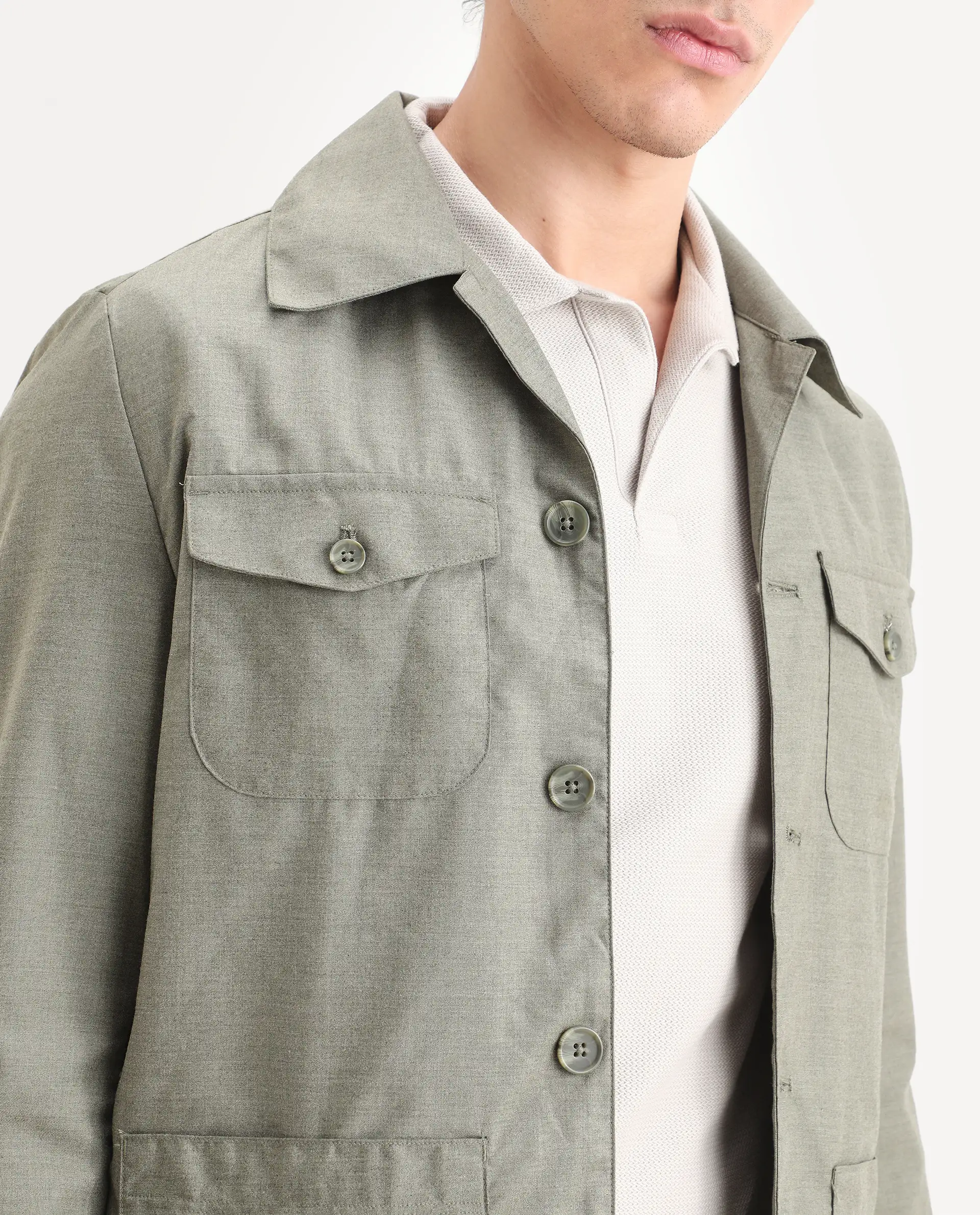 Rare Rabbit Men's Echos Light Olive Cotton Plain Relaxed Fit Full Sleeve Lapel Neck Jacket - Image 4