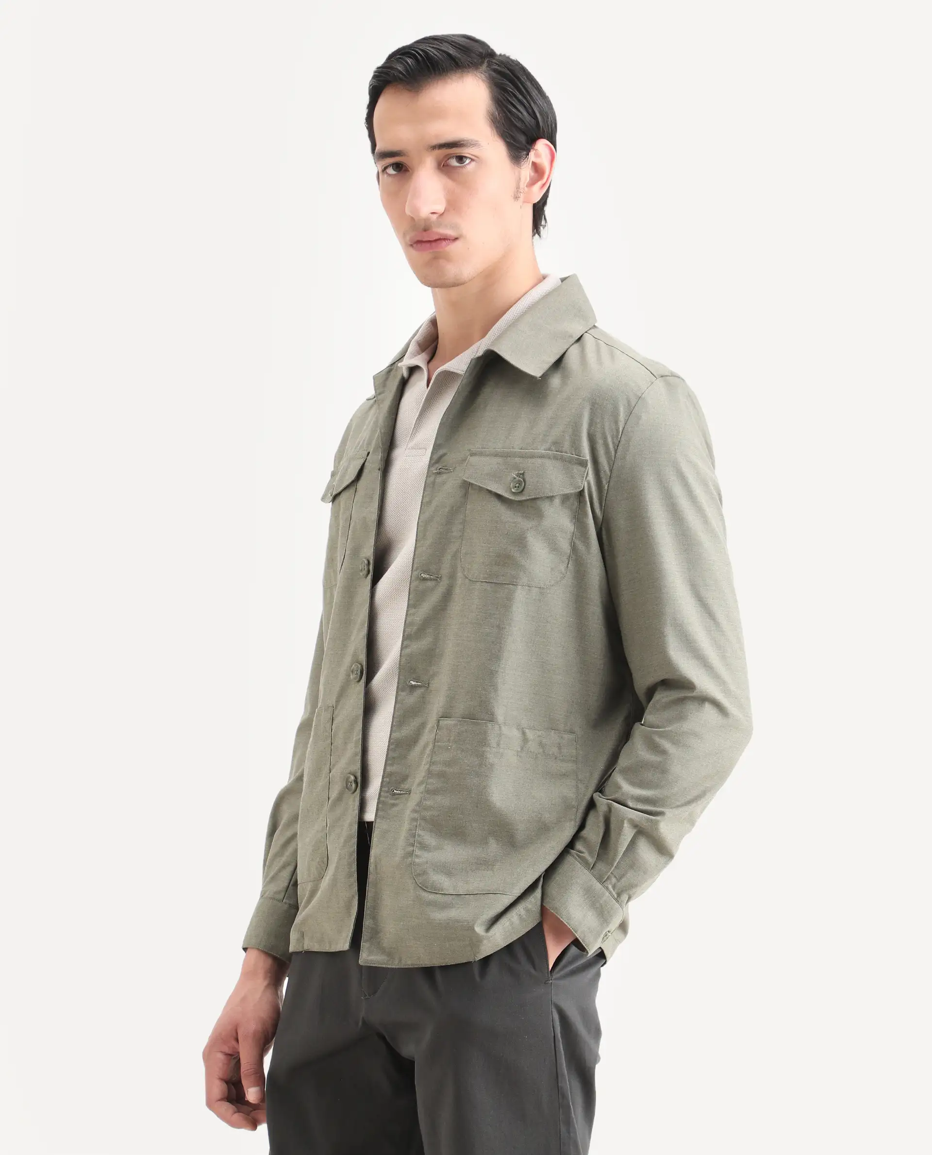 Rare Rabbit Men's Echos Light Olive Cotton Plain Relaxed Fit Full Sleeve Lapel Neck Jacket - Image 5